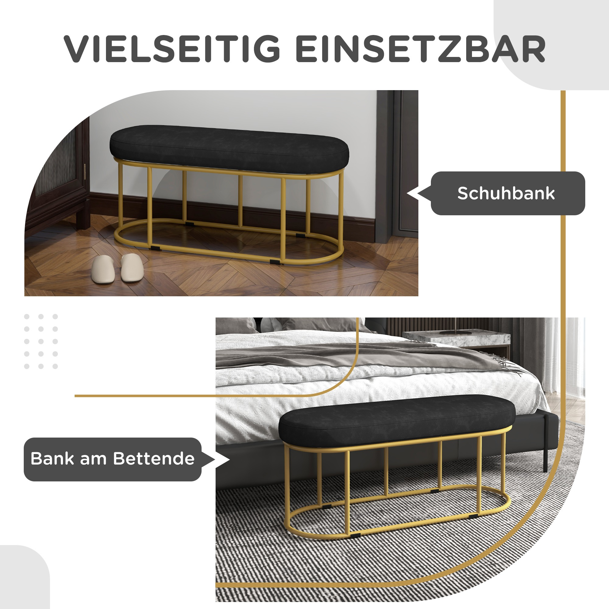 Bild zeigt verschiedene Verwendungen einer schwarzen Bank: Schuhbank und Bank am Bettende.