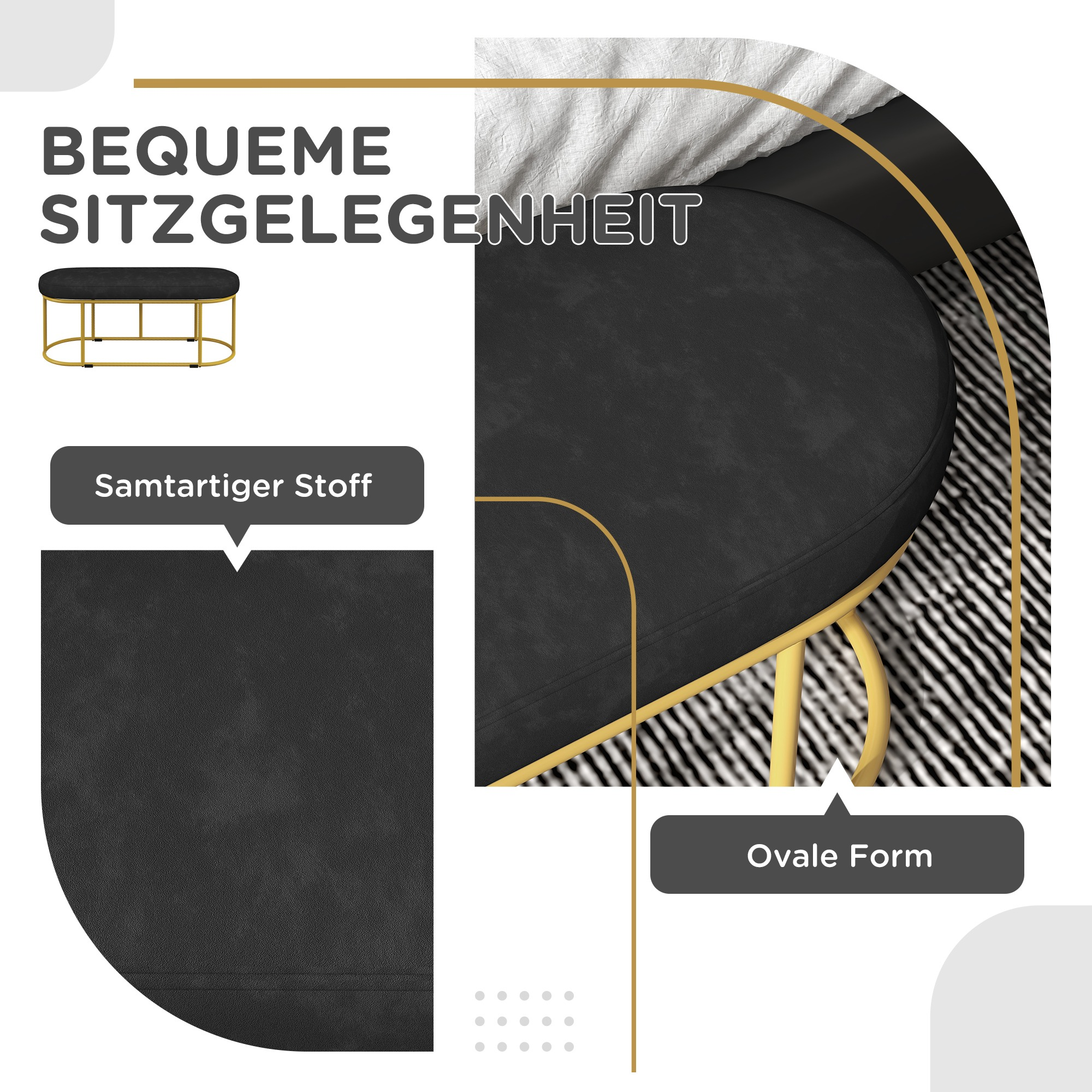 Nahaufnahme einer schwarzen Bank, ovale Form, mit goldenen Beinen. Zeigt die Stoffstruktur.