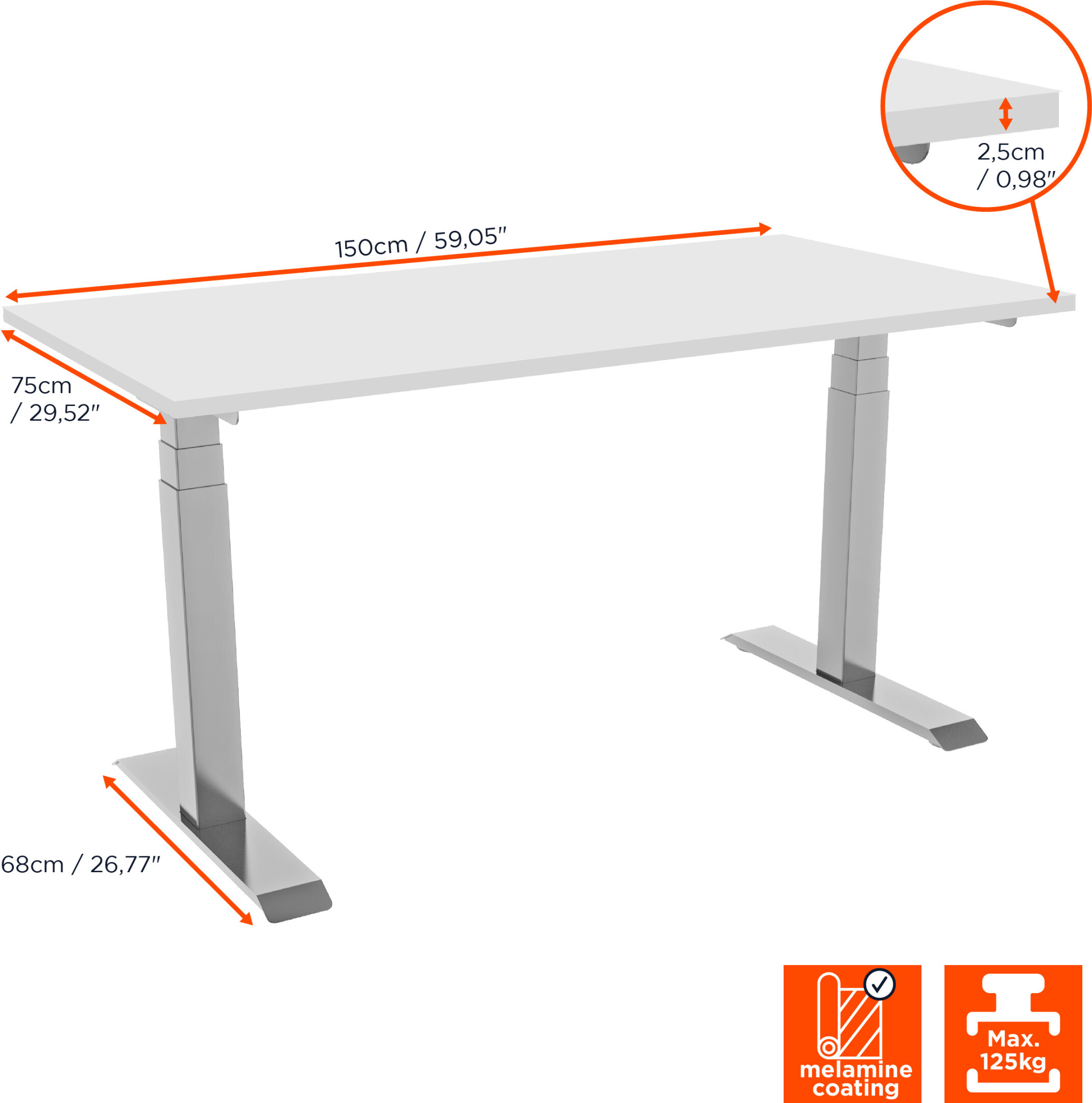 Weißer, höhenverstellbarer Schreibtisch mit Maßangaben. 150cm lang, 75cm hoch, 68cm breit. Melaminbeschichtung.