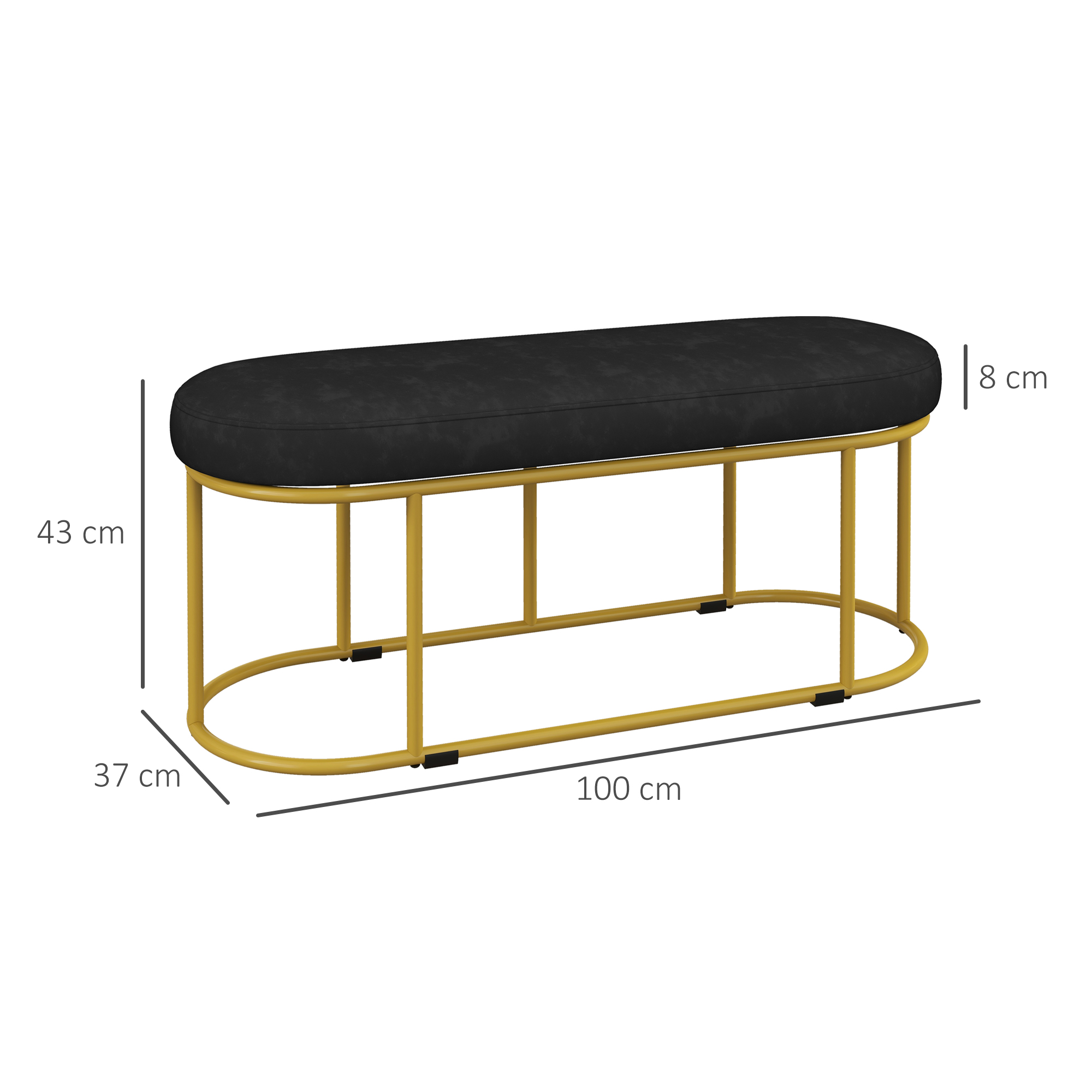 Schwarze Bank mit goldenen Beinen. Abmessungen beschriftet: 100 cm lang, 43 cm hoch, 37 cm tief, und 8 cm.