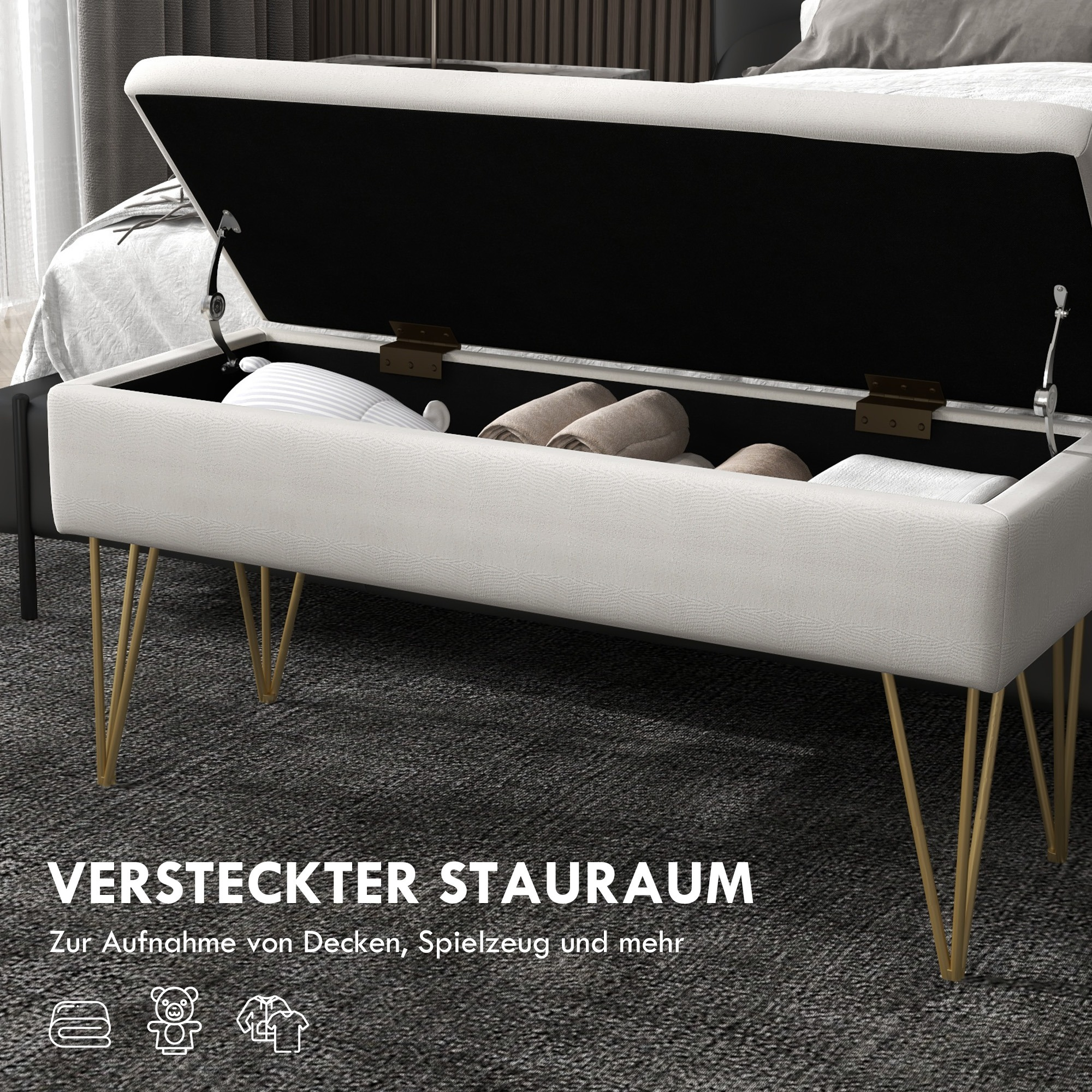 Weiße Bank mit offenem Stauraum, goldenen Beinen und Text: versteckter Stauraum.