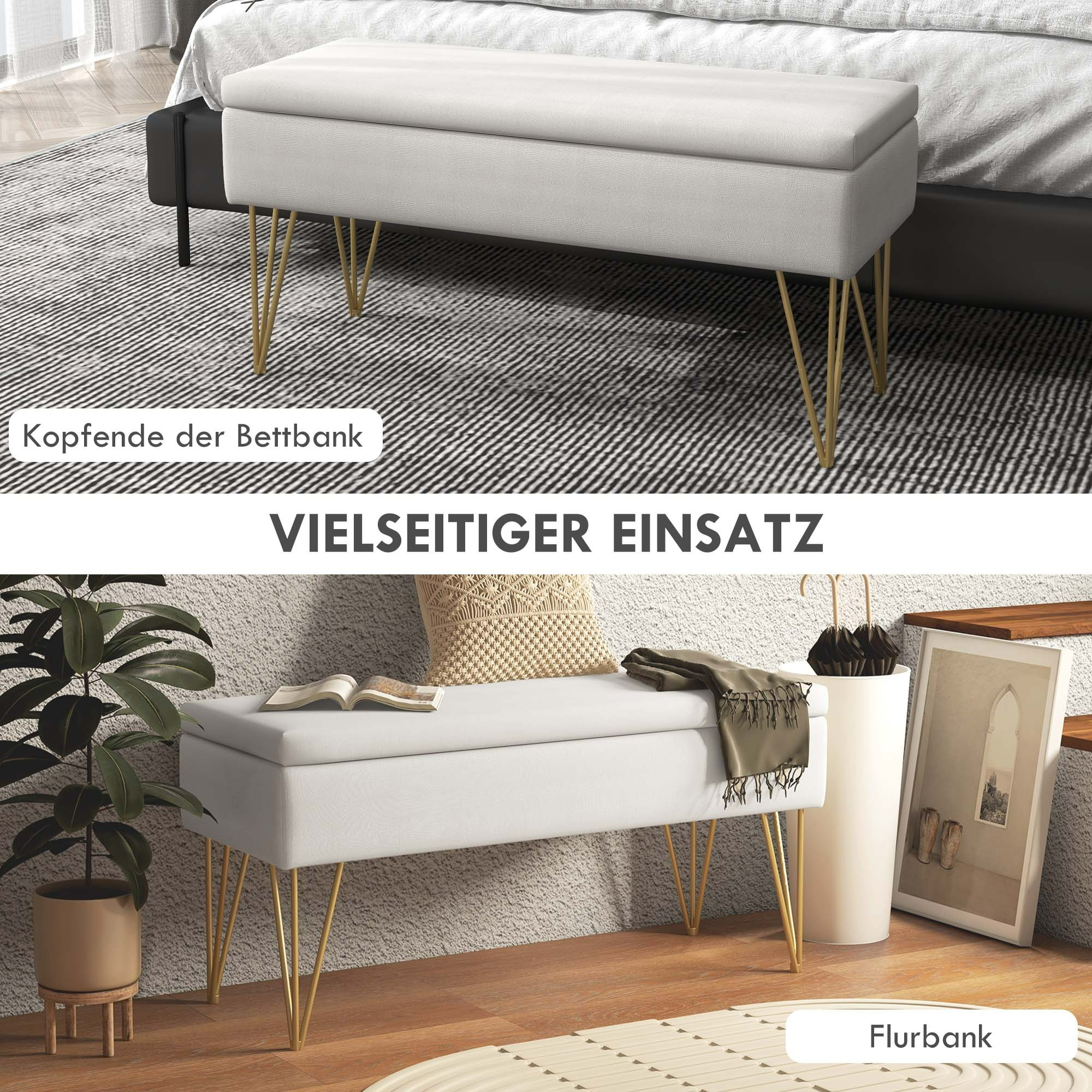 Zwei Bilder von weißen Bänken mit goldenen Beinen. Eine im Schlafzimmer, eine im Flur.