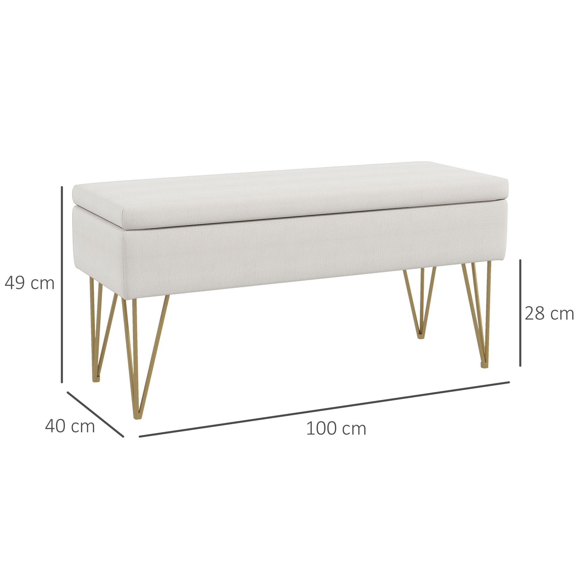 Weiße Bank mit goldenen Beinen. Abmessungen: 100 cm lang, 49 cm hoch und 28 cm Beinhöhe.