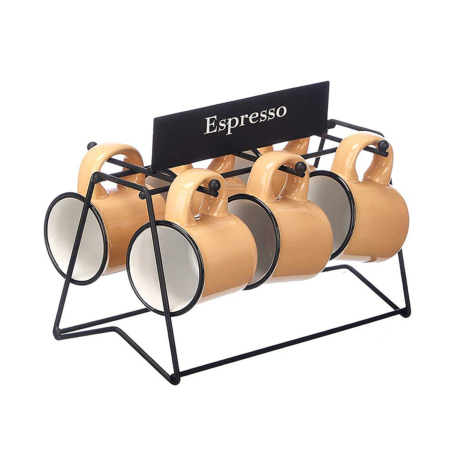 Sei tazze da caffè arancioni su un supporto in metallo nero con un cartello Espresso.