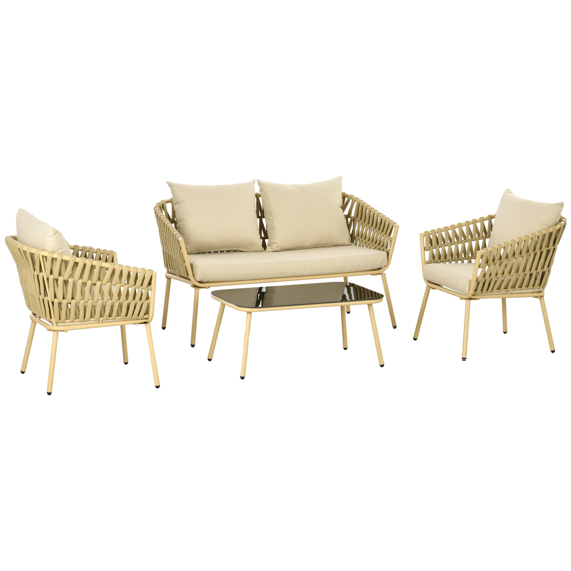 Set di mobili da esterno: due sedie, un divano e un tavolo, tutti in beige, su sfondo bianco.