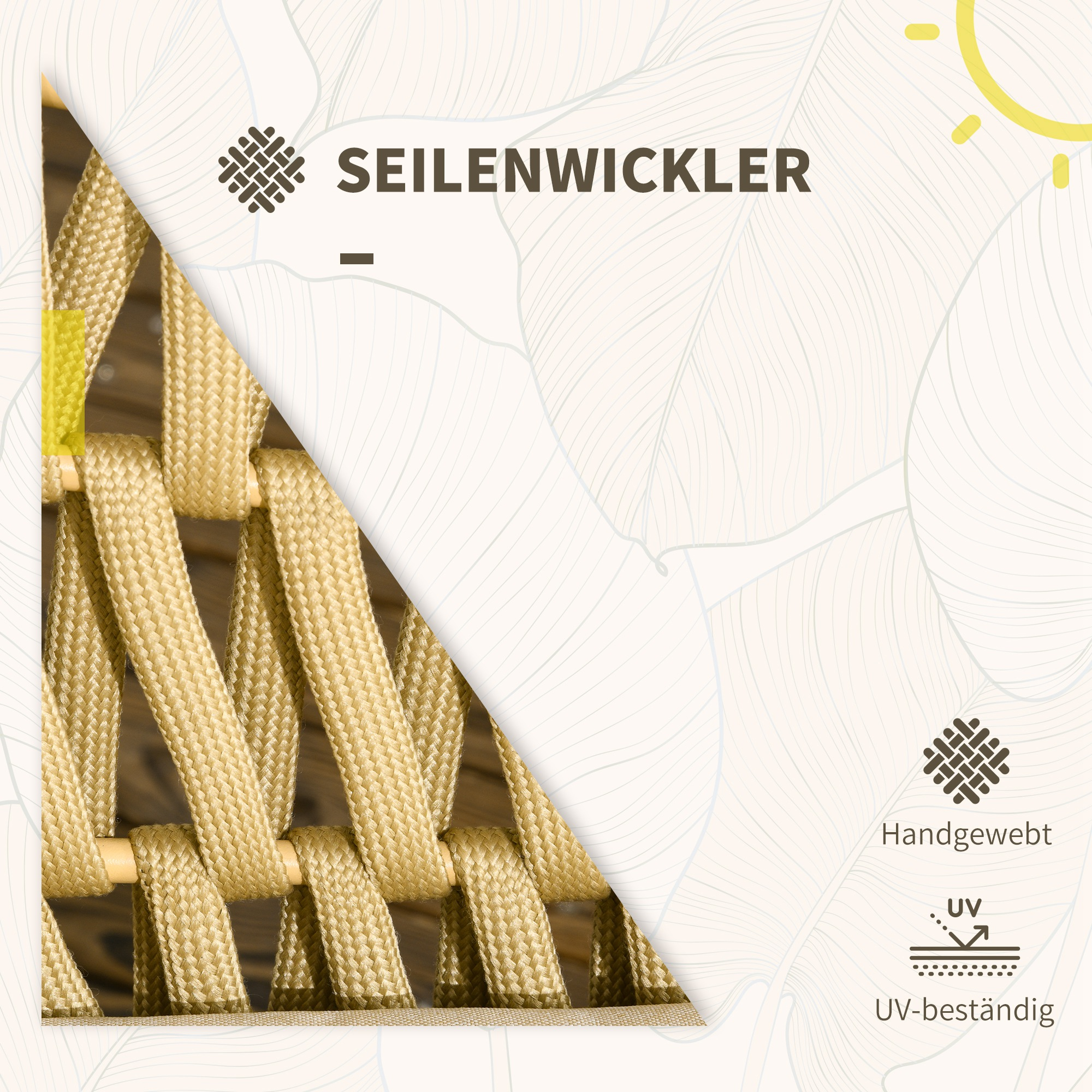 Nahaufnahme der beigefarbenen geflochtenen Seilstruktur auf den Möbeln, mit Text und grafischen Symbolen.