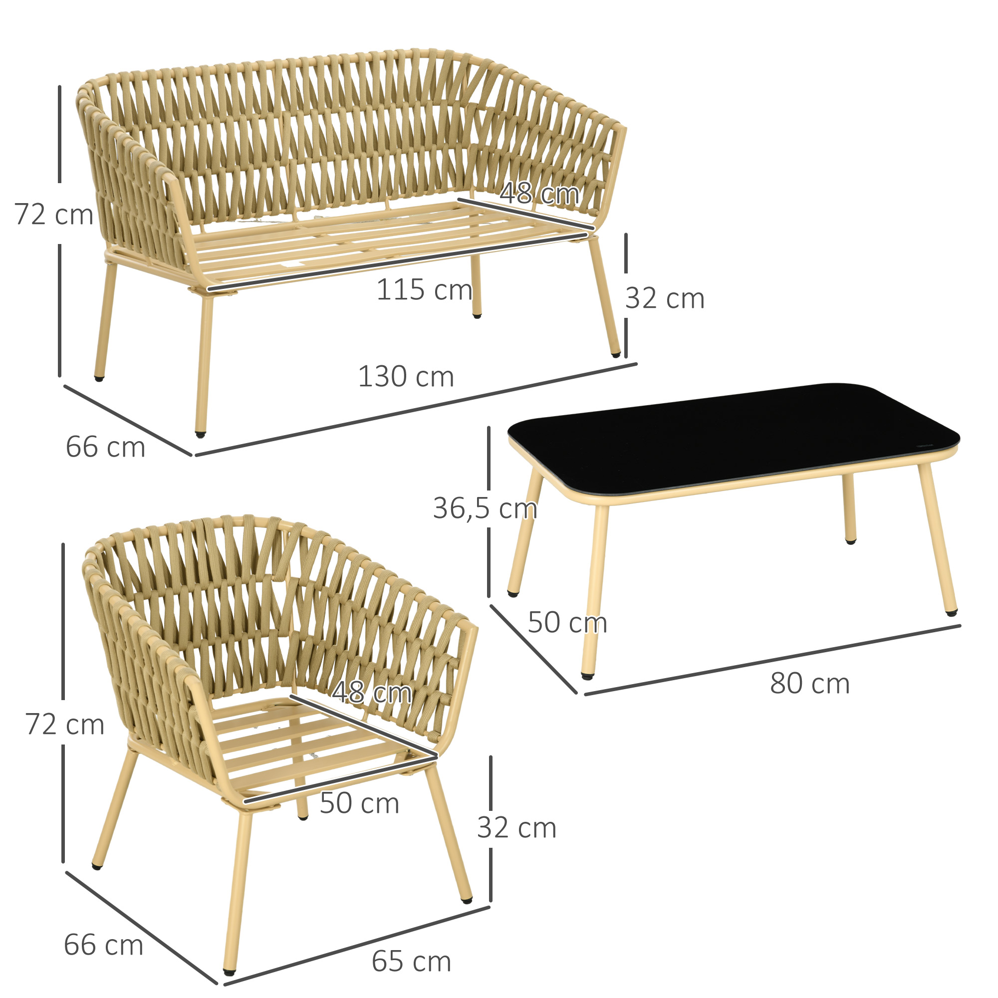 Beige Outdoor-Möbelset mit Abmessungen.