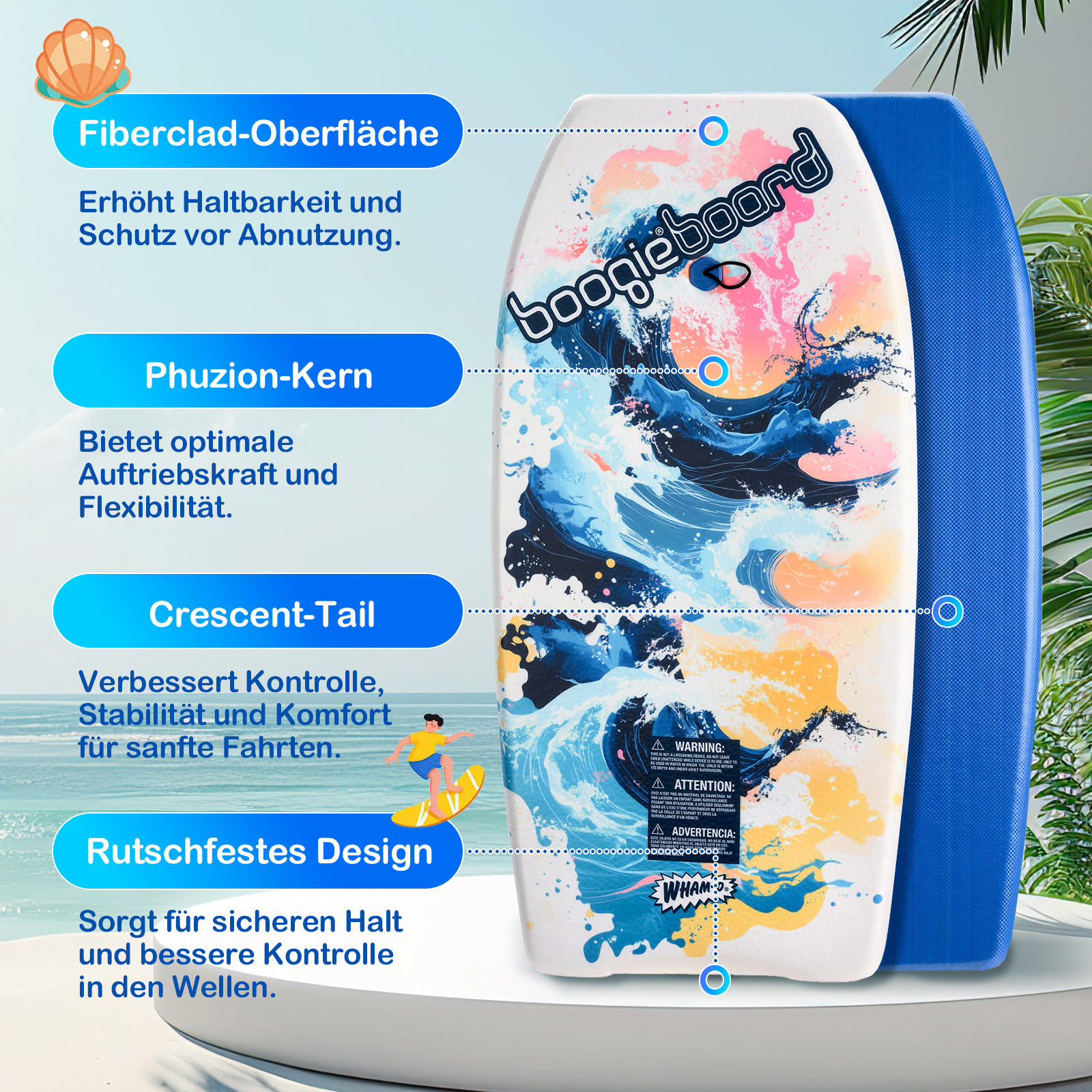Un boogie board bianco e blu con elementi di design. Tavola blu sul lato destro, con una palma sullo sfondo.