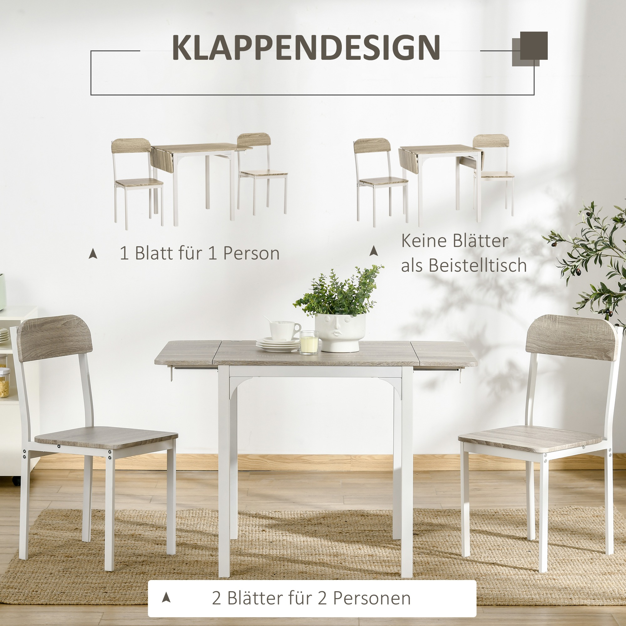 Klappbarer Esstisch mit zwei Stühlen; Illustrationen zeigen verschiedene Konfigurationen und Verwendungen.