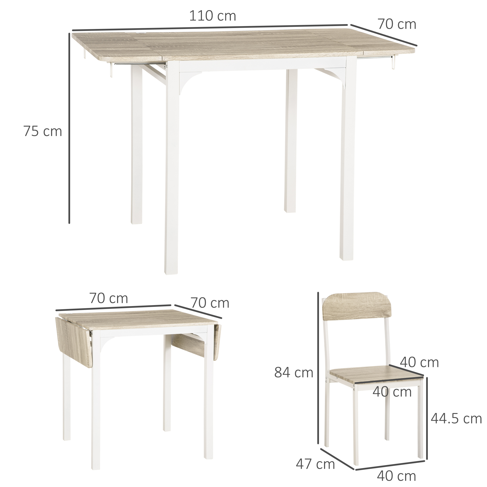Ein weißer Tisch und ein Stuhl. Der Tisch ist zusammenklappbar und der Stuhl hat eine Holzlehne.