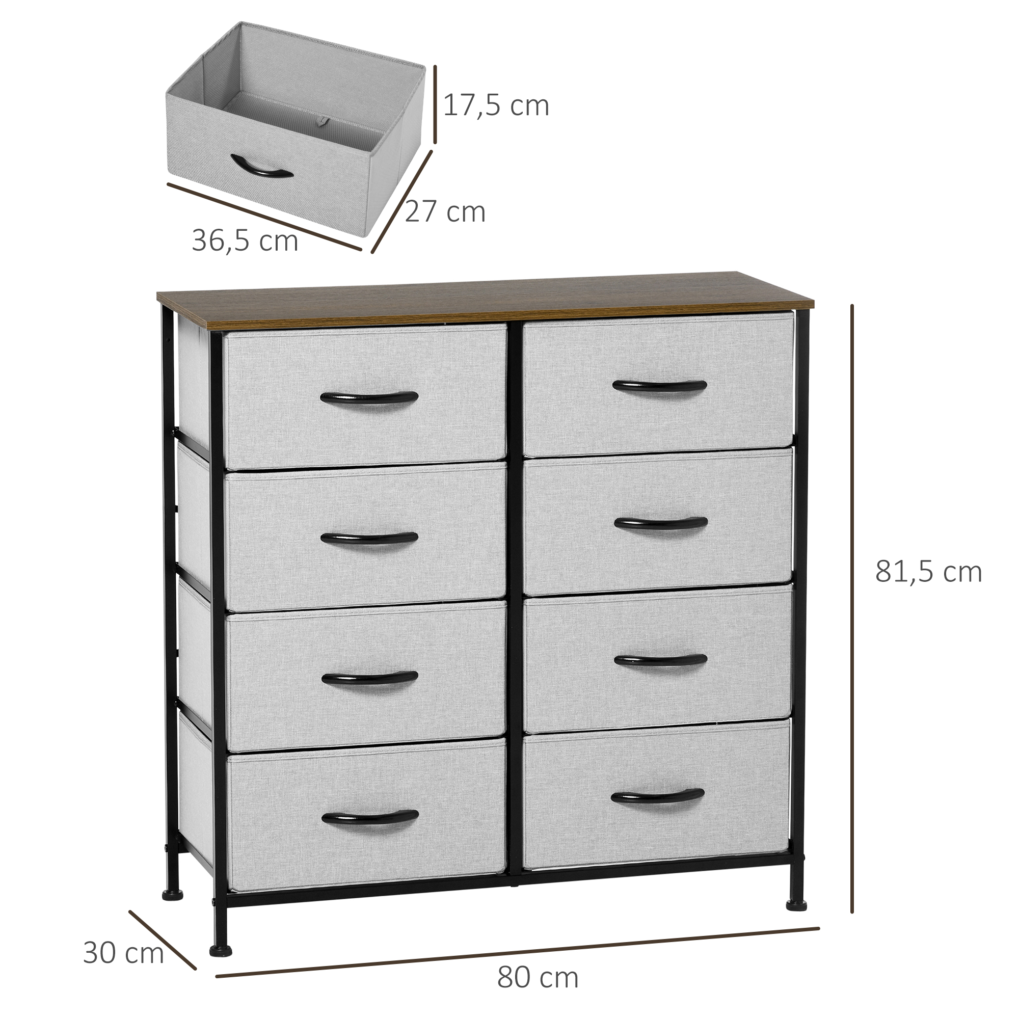 Eine graue Kommode mit acht Schubladen, schwarzem Rahmen und einer Holzplatte. Abmessungen werden gezeigt.