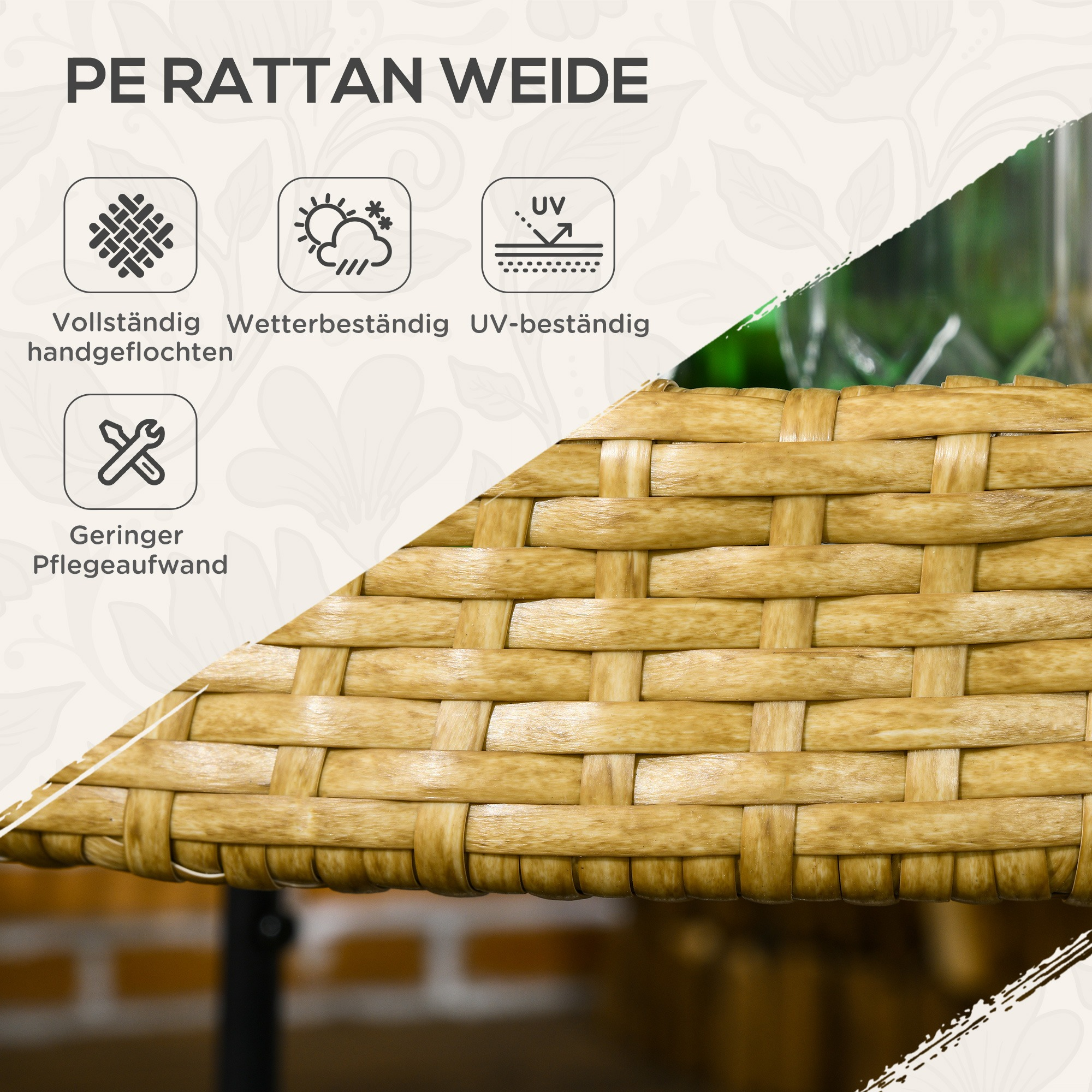 Nahaufnahme von geflochtenem Rattan. Der Hintergrund hat Text und Symbole.