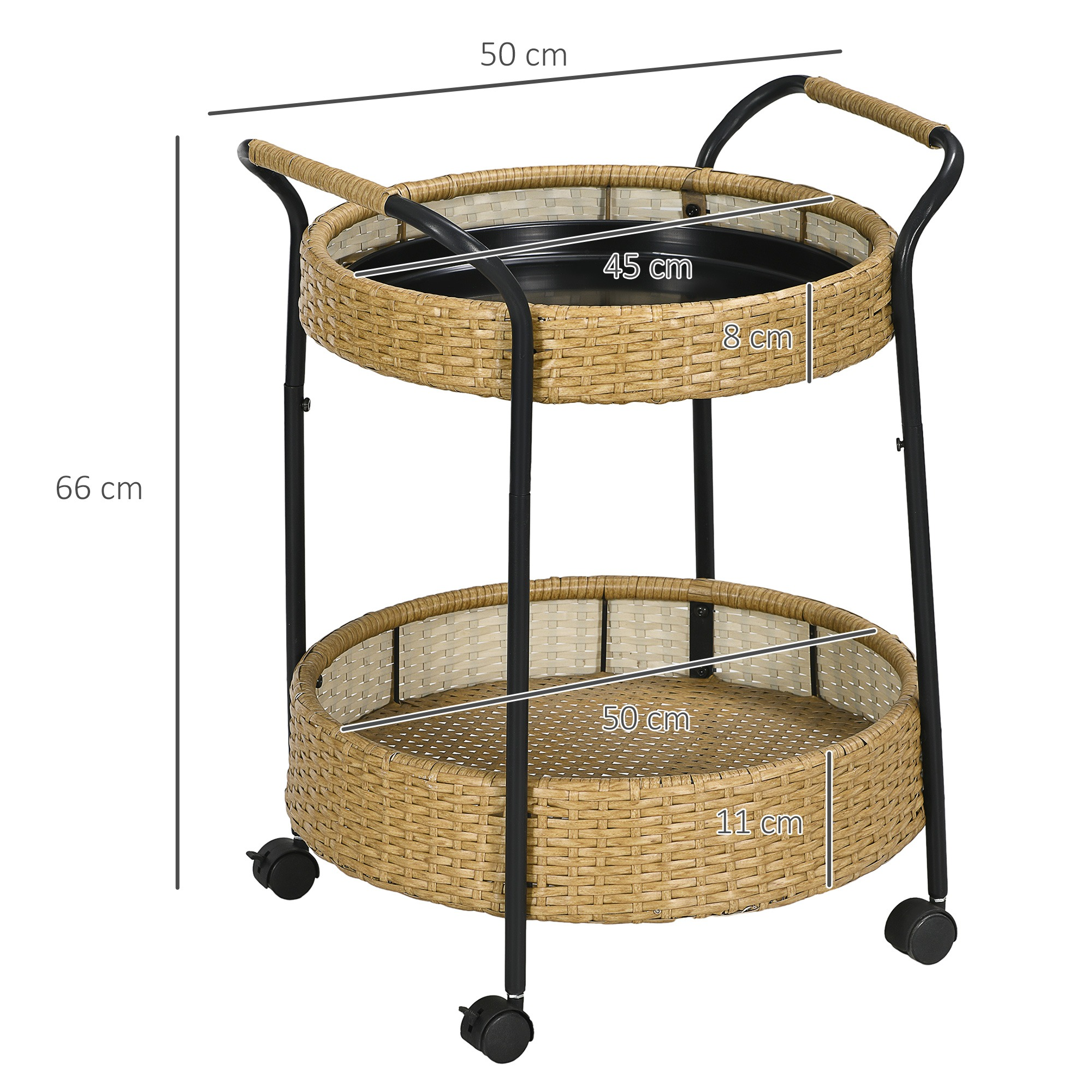 Ein zweistöckiger Servierwagen aus Rattan mit schwarzem Rahmen und Rädern. Abmessungen werden angezeigt.