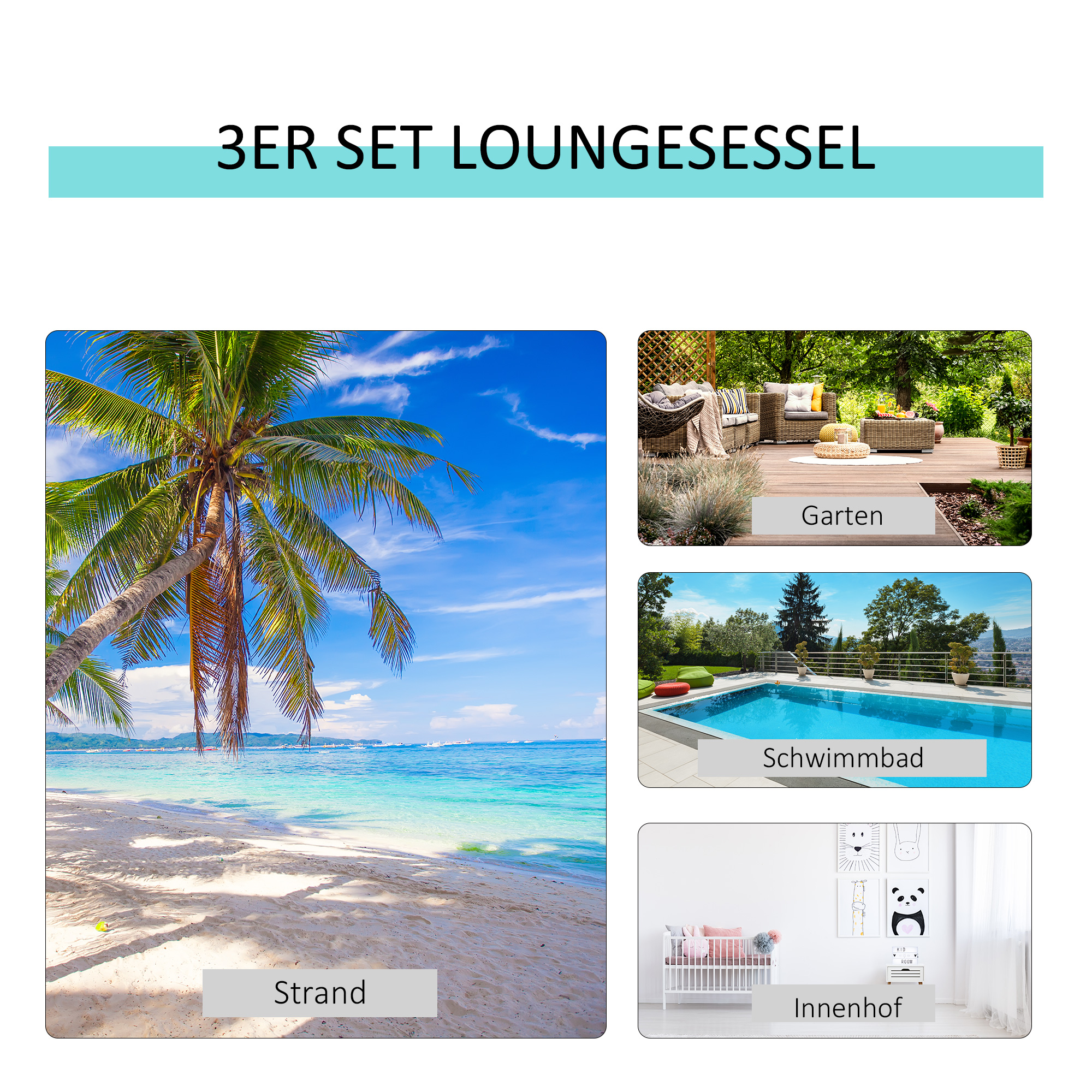 Strandszene mit Palme, blauem Meer, weißem Sand und blauem Himmel. Vier kleinere Bilder verschiedener Szenen.