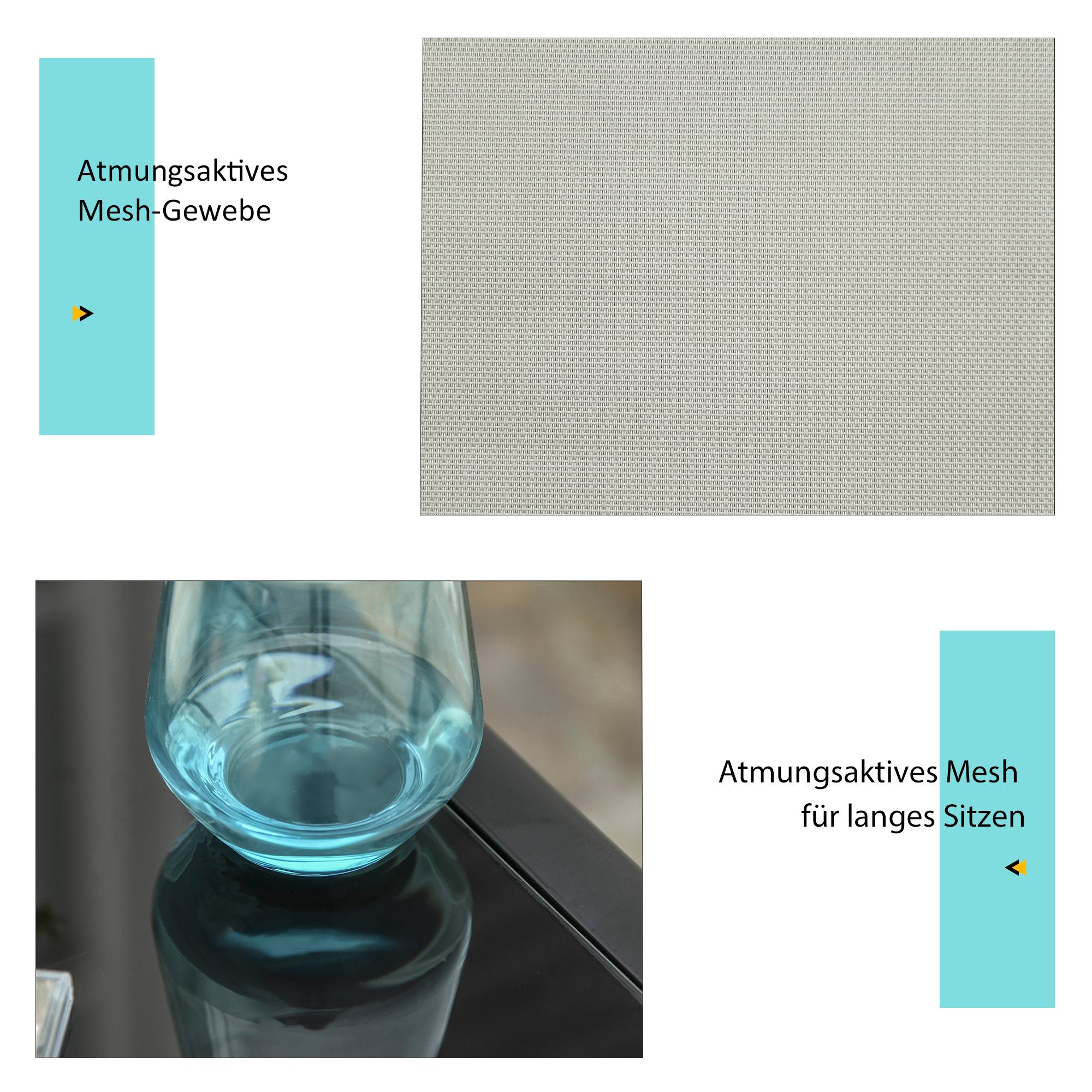 Eine Nahaufnahme einer Netzstruktur und eines Wasserglases, mit Textbeschriftungen.