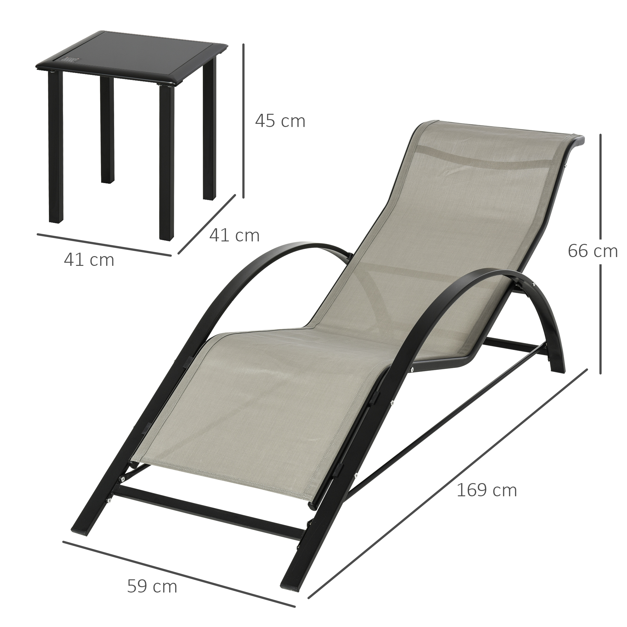 Liegestuhl mit kleinem quadratischem Tisch. Abmessungen sind in Zentimetern angegeben.