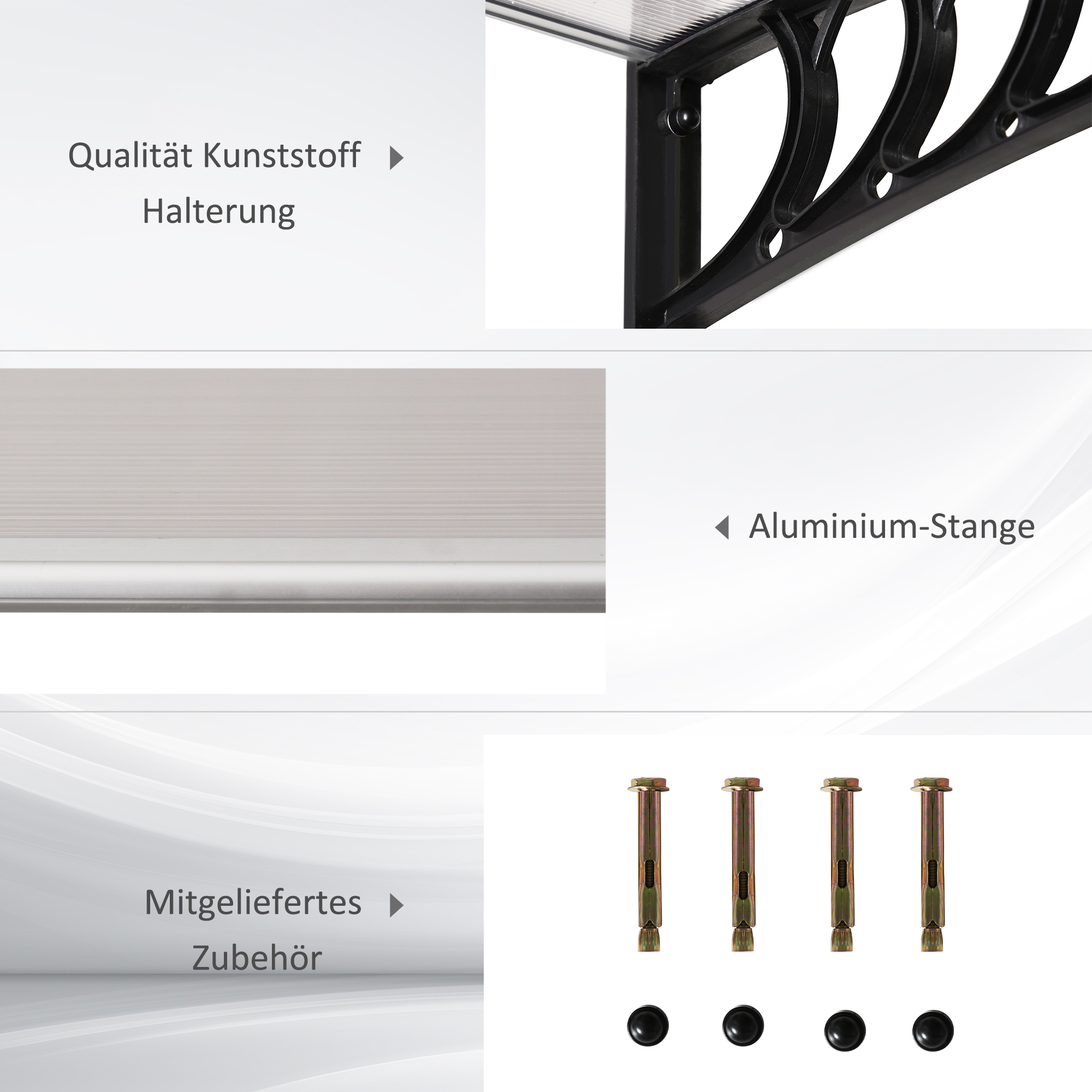 Nahaufnahme der Komponenten eines Vordachs: Montage, Aluminiumstange und mitgeliefertes Zubehör.