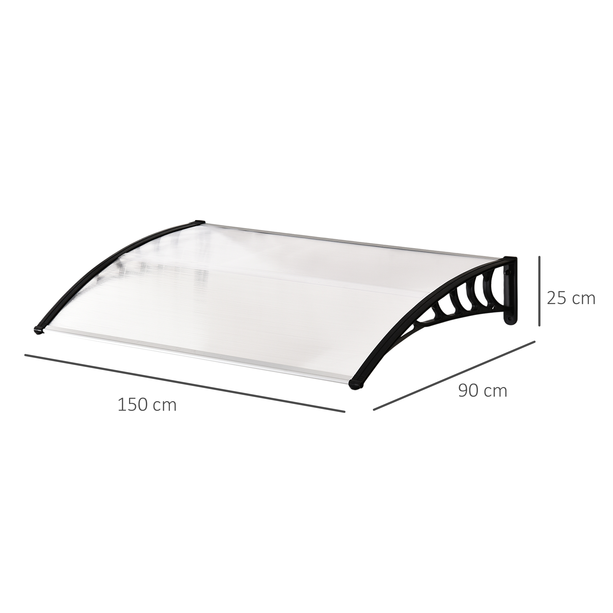 Ein transparenter Baldachin mit schwarzem Rahmen. Abmessungen sind angegeben: 150 cm lang, 90 cm breit und 25 cm hoch.