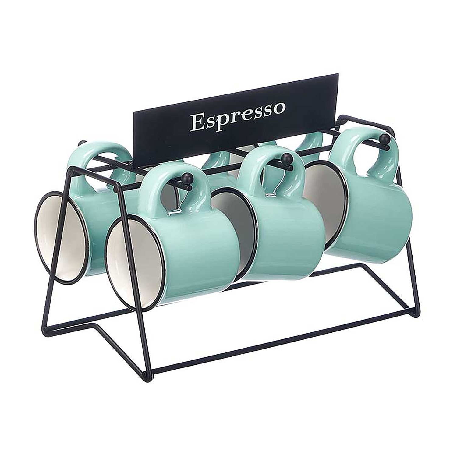 Set di tazze da espresso turchesi in un supporto in metallo nero, con un cartello nero che dice espresso.