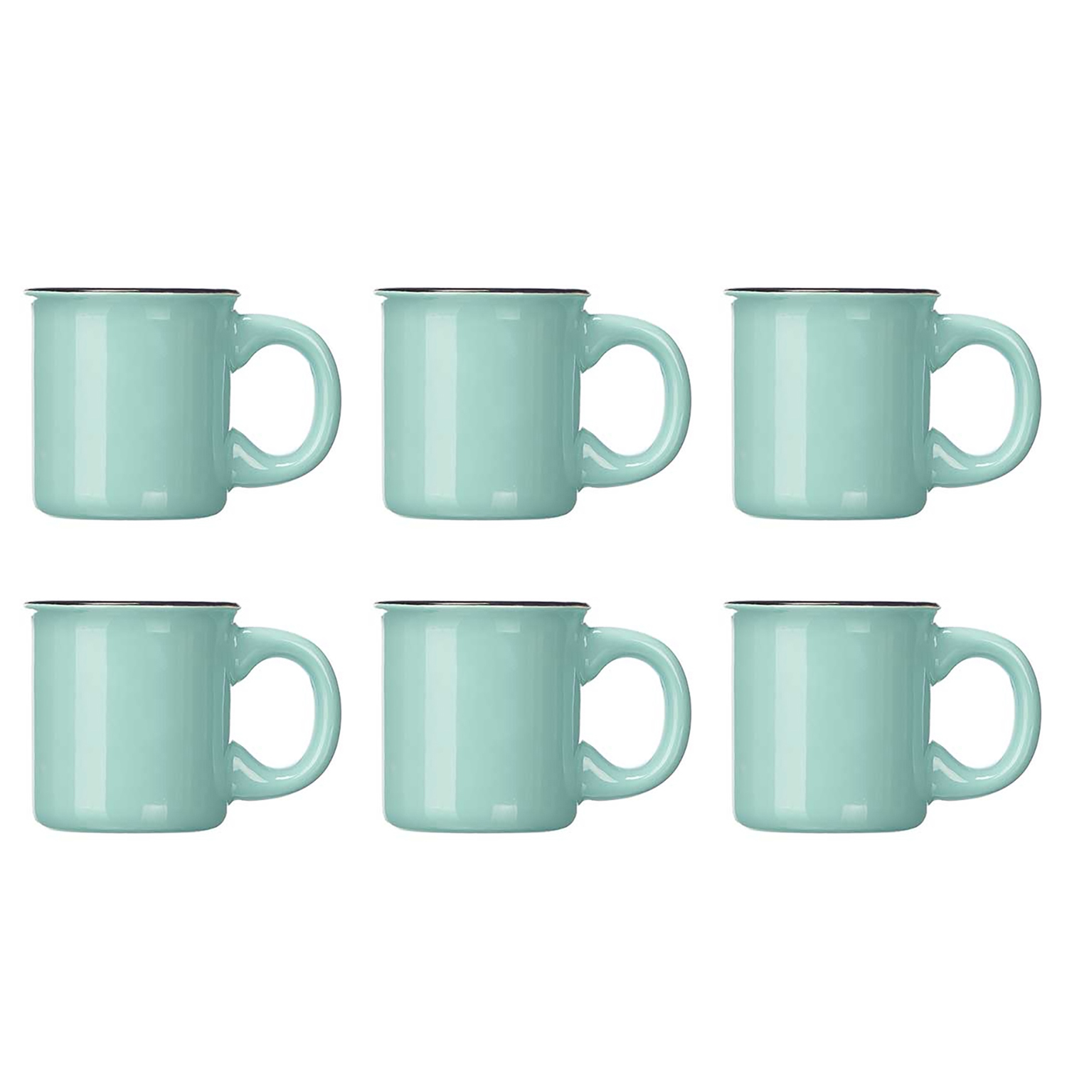 Sei tazze da caffè turchesi con bordi neri. Disposte in due file da tre, su sfondo bianco.