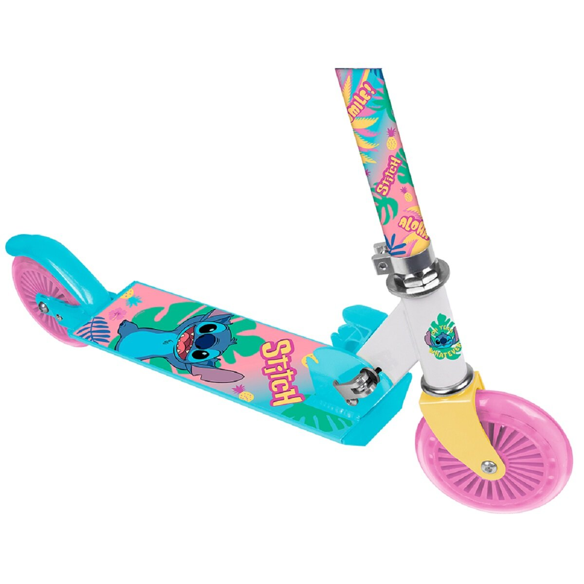 Nahaufnahme eines blau-rosa Stitch-Rollers, weißer Hintergrund.