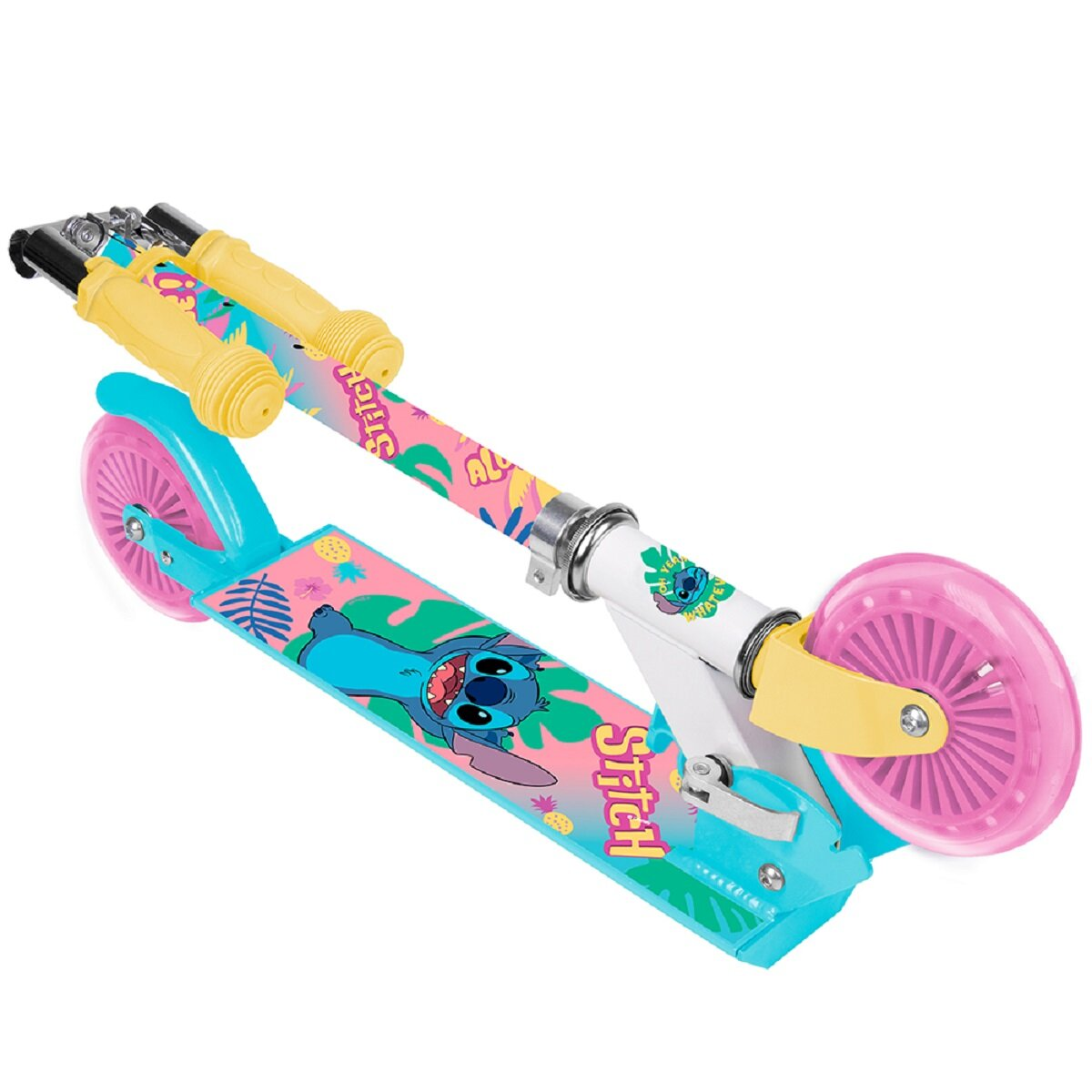 Blau-rosa Stitch-Roller mit Stitch-Design auf dem Deck, gelben Griffen und rosa Rädern.