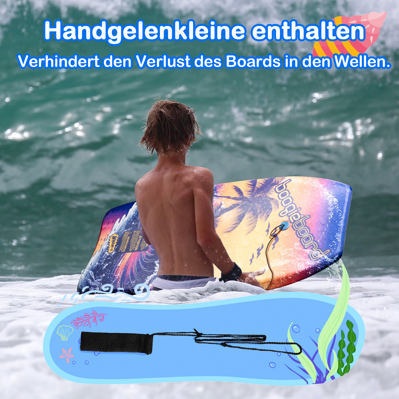 Un ragazzo su una tavola da surf in acqua. Il testo in tedesco descrive come evitare di perdere la tavola.