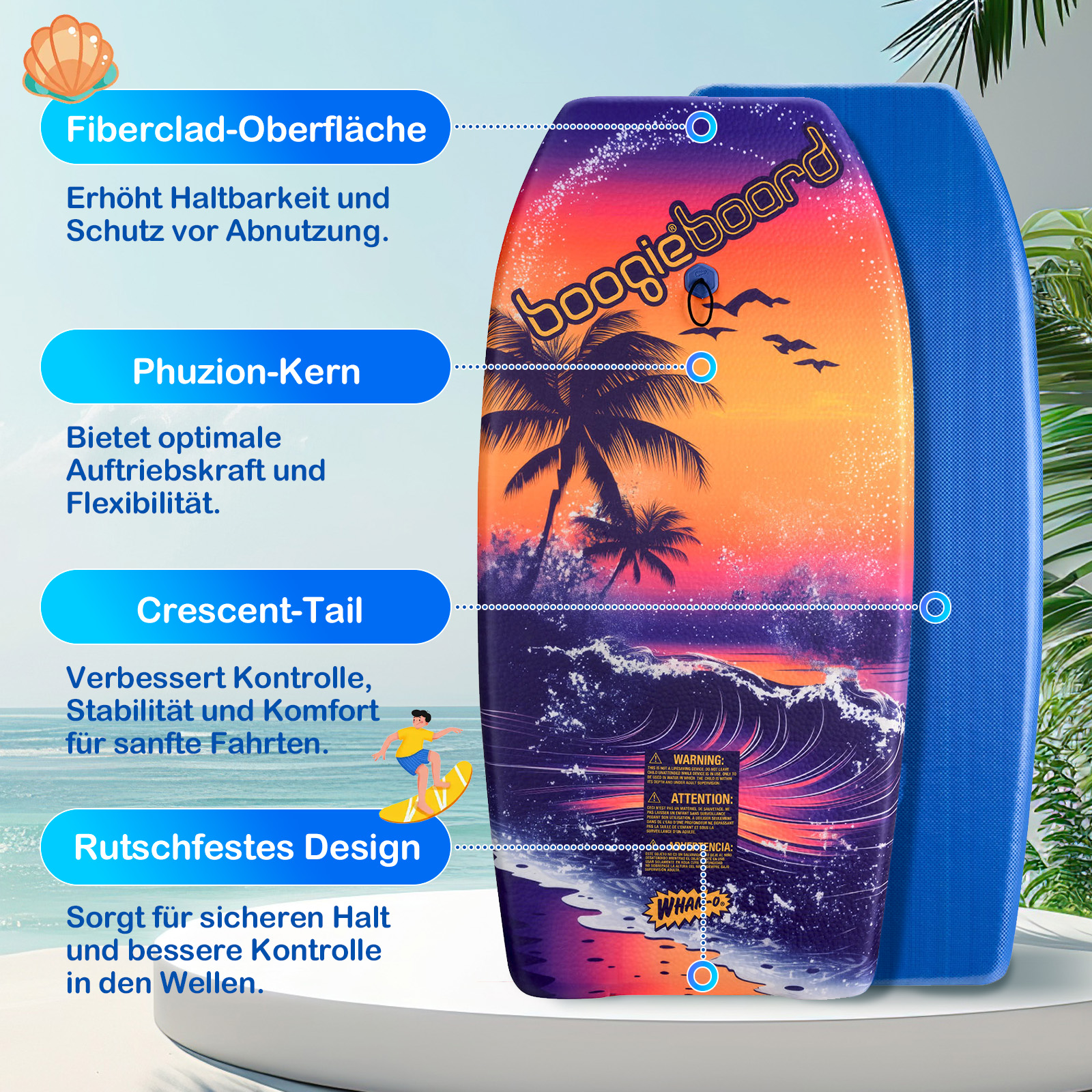 Una vista dettagliata di una tavola da surf con etichette che indicano caratteristiche come la superficie Fiberclad e la coda a mezzaluna.