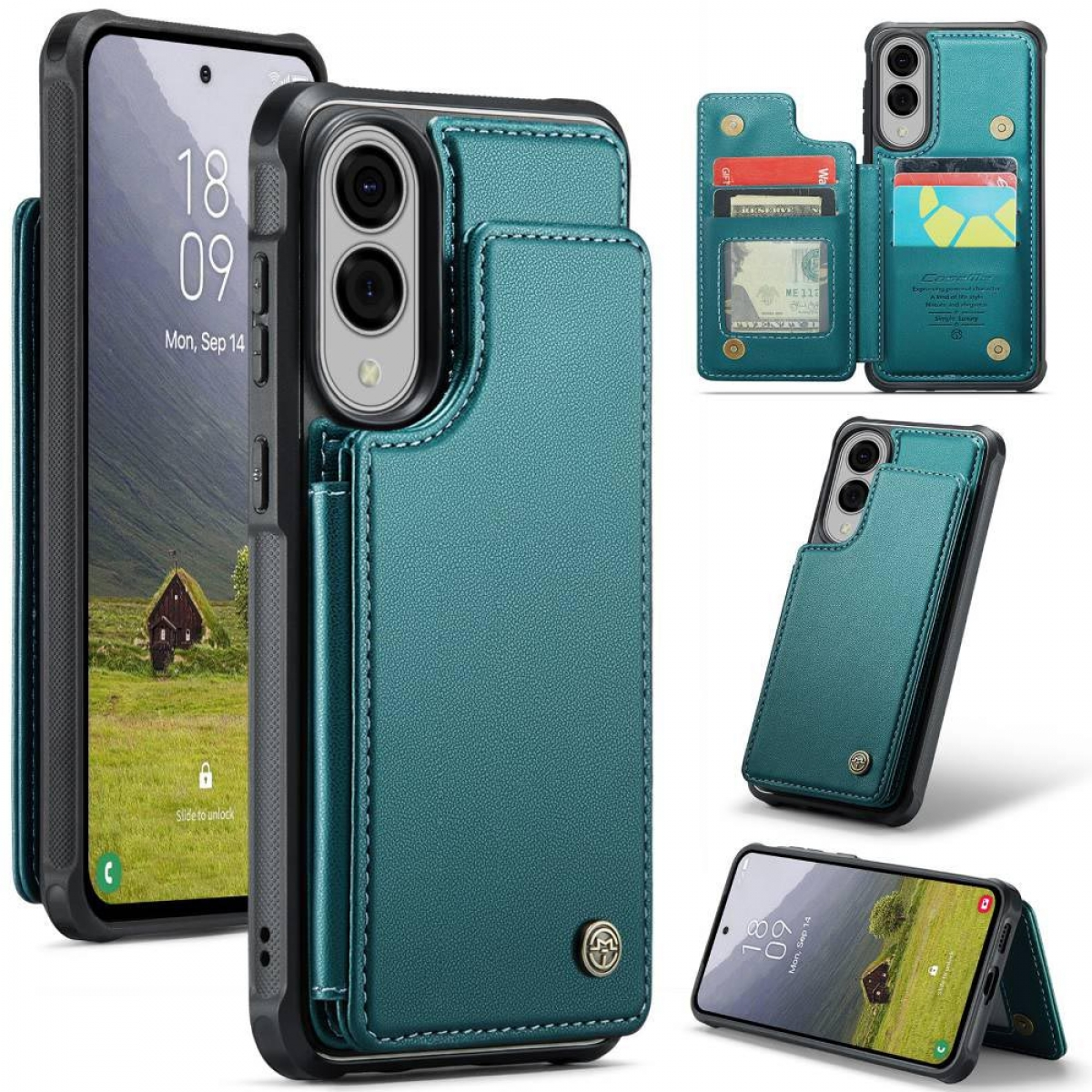Mehrere Bilder zeigen eine tealfarbene Leder-Handyhülle mit Kartenfächern und einem Telefon. Die Hülle ist offen und geschlossen.