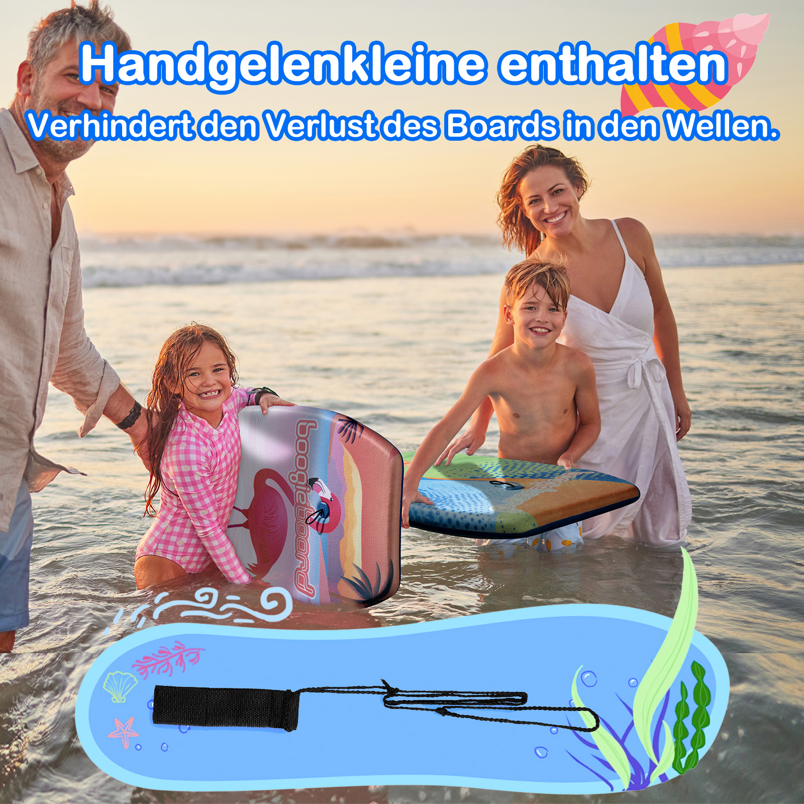 Eine Familie mit Kindern am Strand. Sie halten Boogieboards. Text auf Deutsch zum Schutz vor Boardverlust.