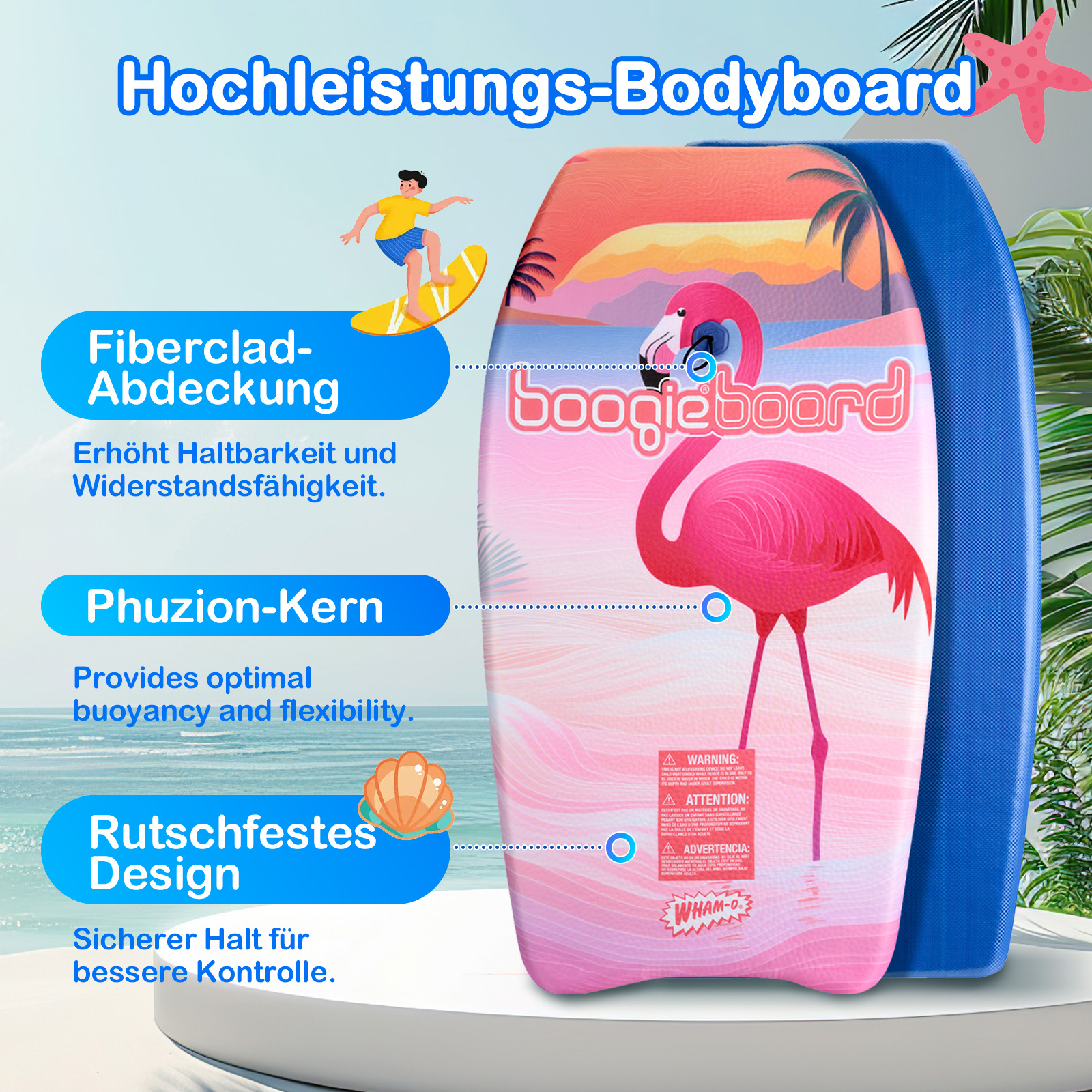 Bodyboard mit Flamingodesign, blauem Rand und Produktmerkmalsbeschreibungen.