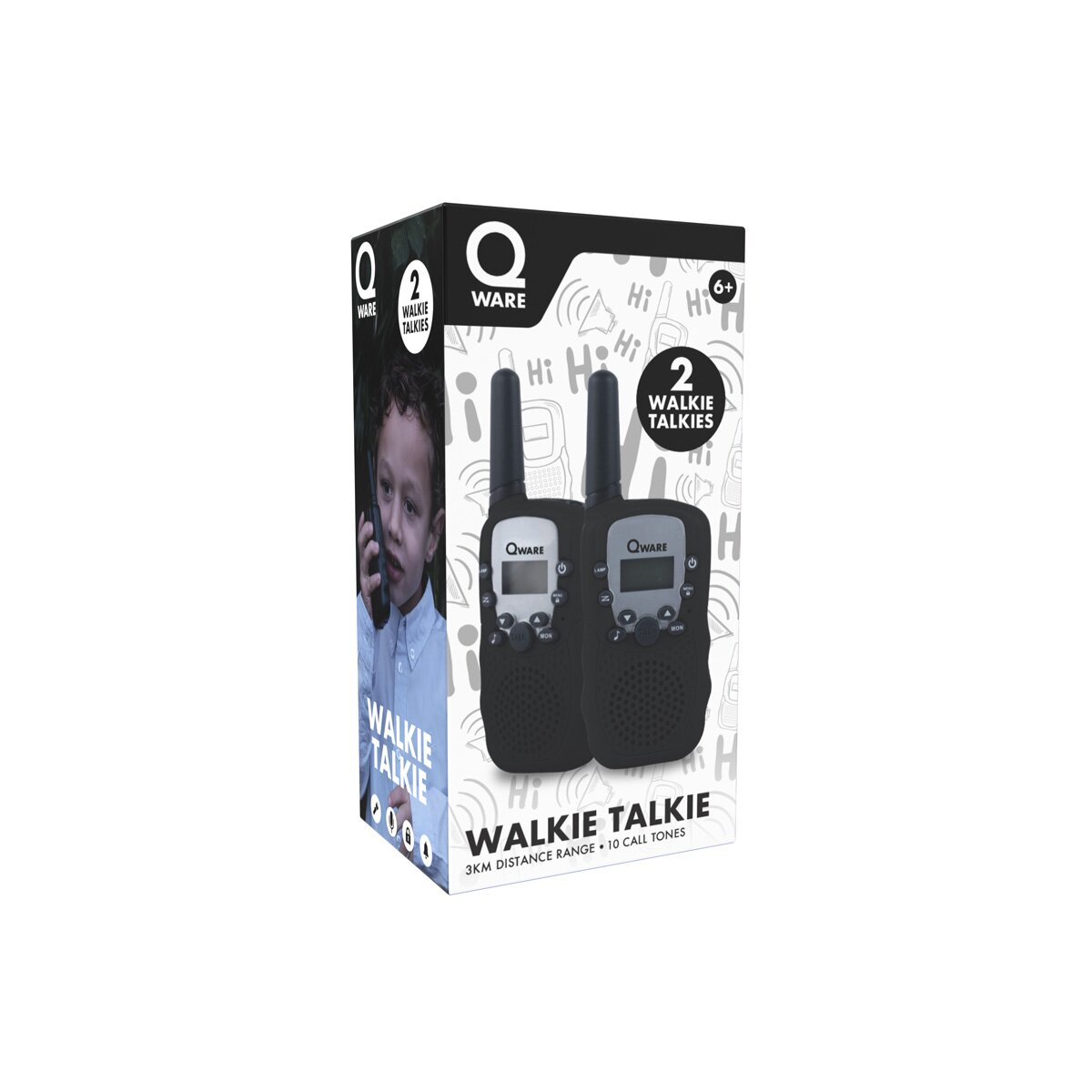 Schachtel mit zwei schwarzen Walkie-Talkies, Logo und einem Bild eines Jungen, der eines benutzt.