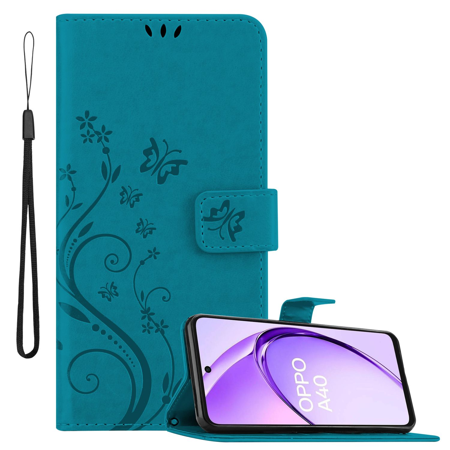 Türkisfarbene Handyhülle, geschlossen, mit Blumendesign und einem Telefon darin. Eine Handschlaufe ist sichtbar.