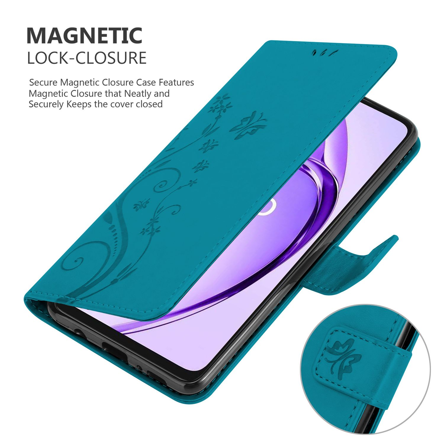 Türkisfarbene Handyhülle mit Blumendesign, teilweise geöffnet, zeigt Telefon. Die Hülle hat einen Magnetverschluss.