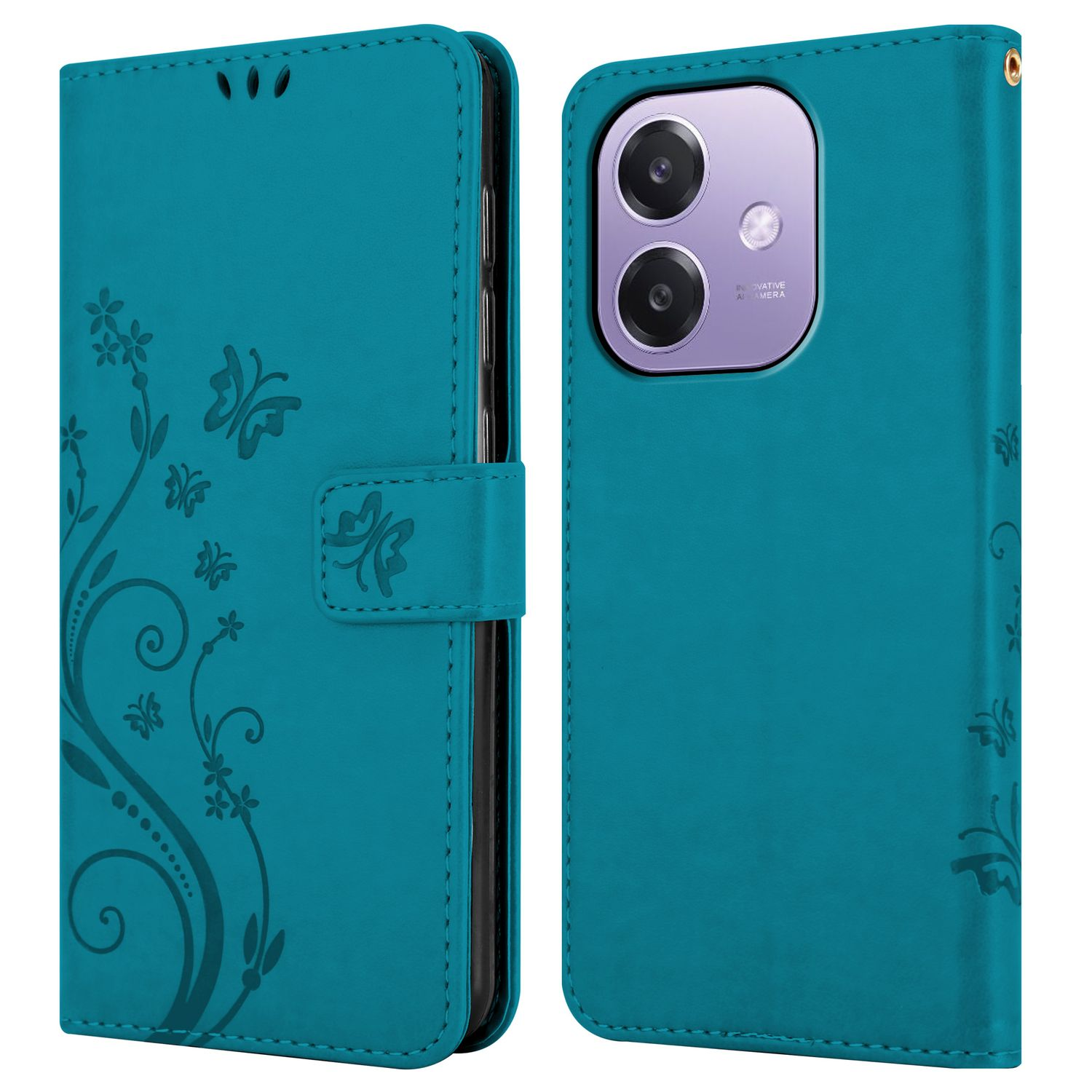 Türkisfarbene Handyhülle mit Schmetterlingsdesign. Offen und geschlossen. Telefon nicht sichtbar. Blumen und Schmetterlinge sichtbar.