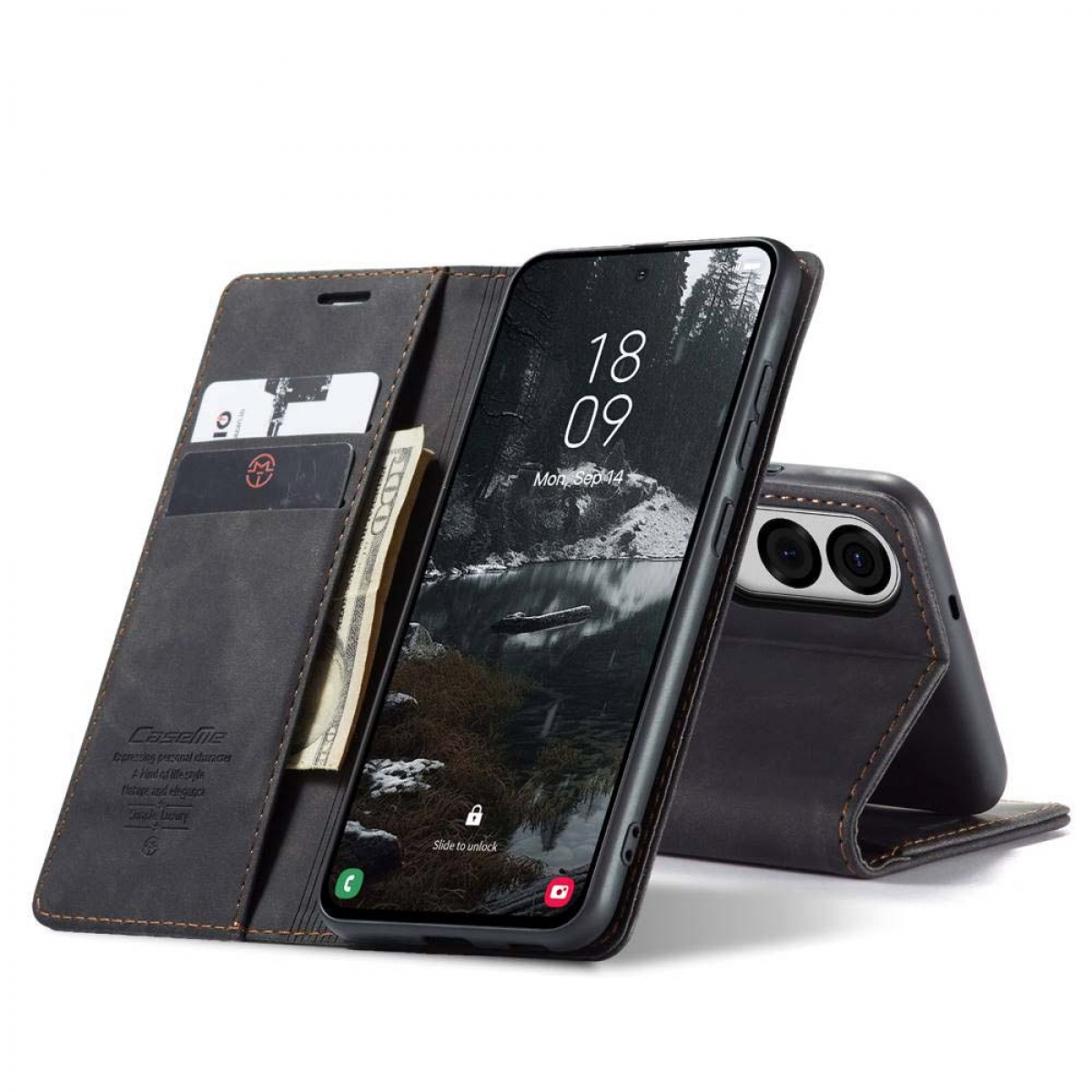 Dunkelgraue Handyhülle, offen, mit Karten, Geld und Telefon. Das Telefon zeigt einen Bildschirm.