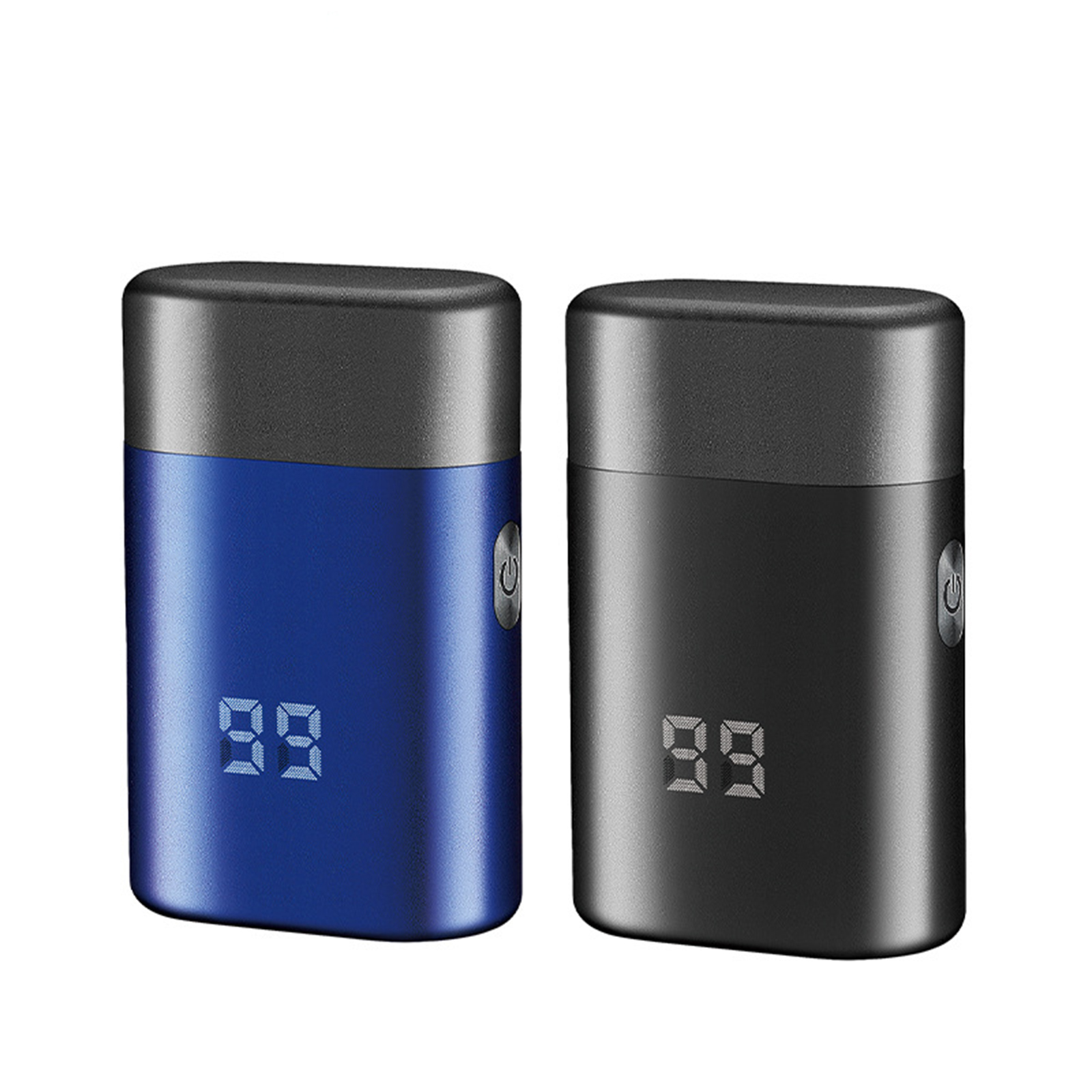 Zwei rechteckige Geräte, blau und schwarz, mit Digitalanzeige und Ein/Aus-Taste.