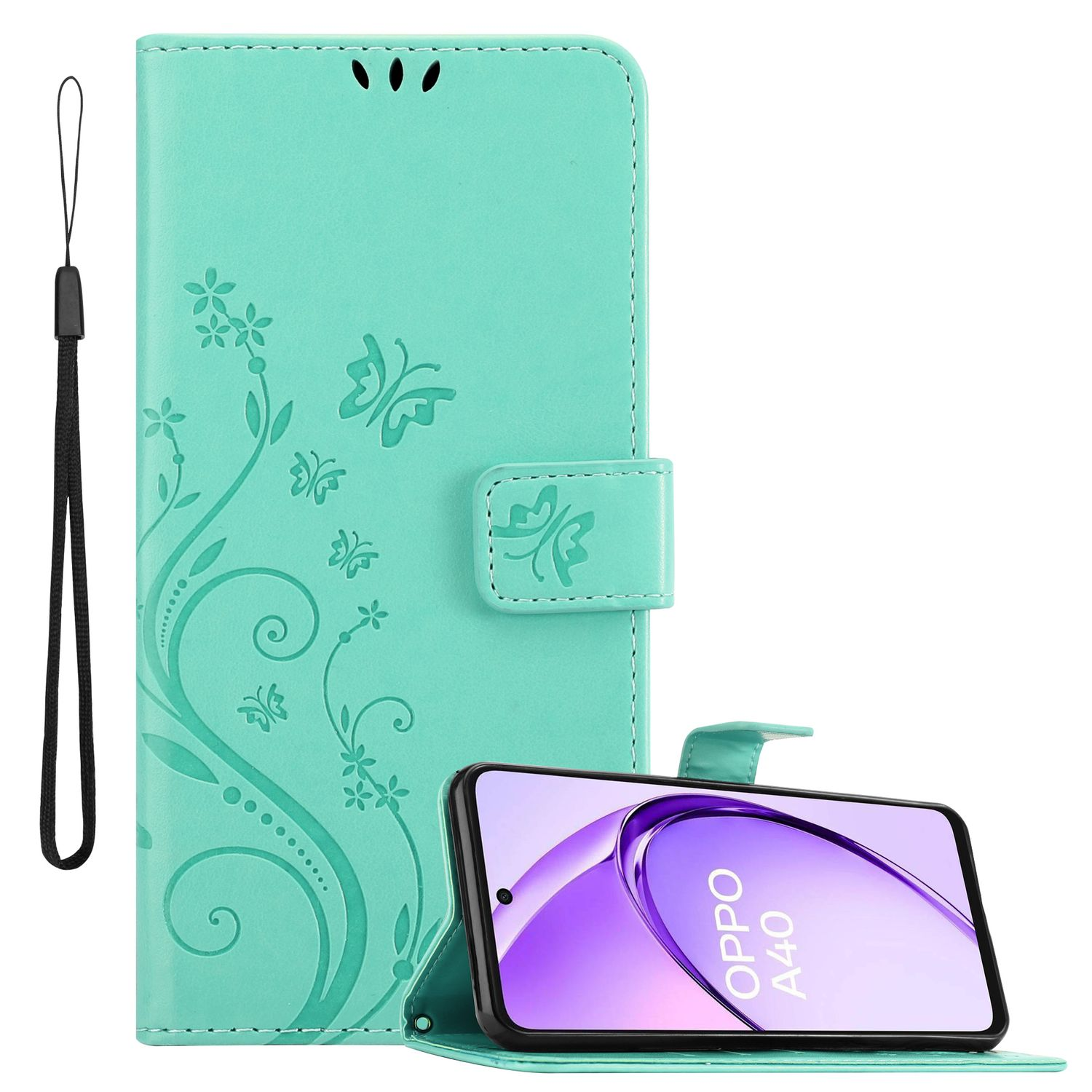 Türkisfarbene Handyhülle mit Schmetterlings- und Blumendesign, die ein Telefon mit 'OPPO A40' hält.