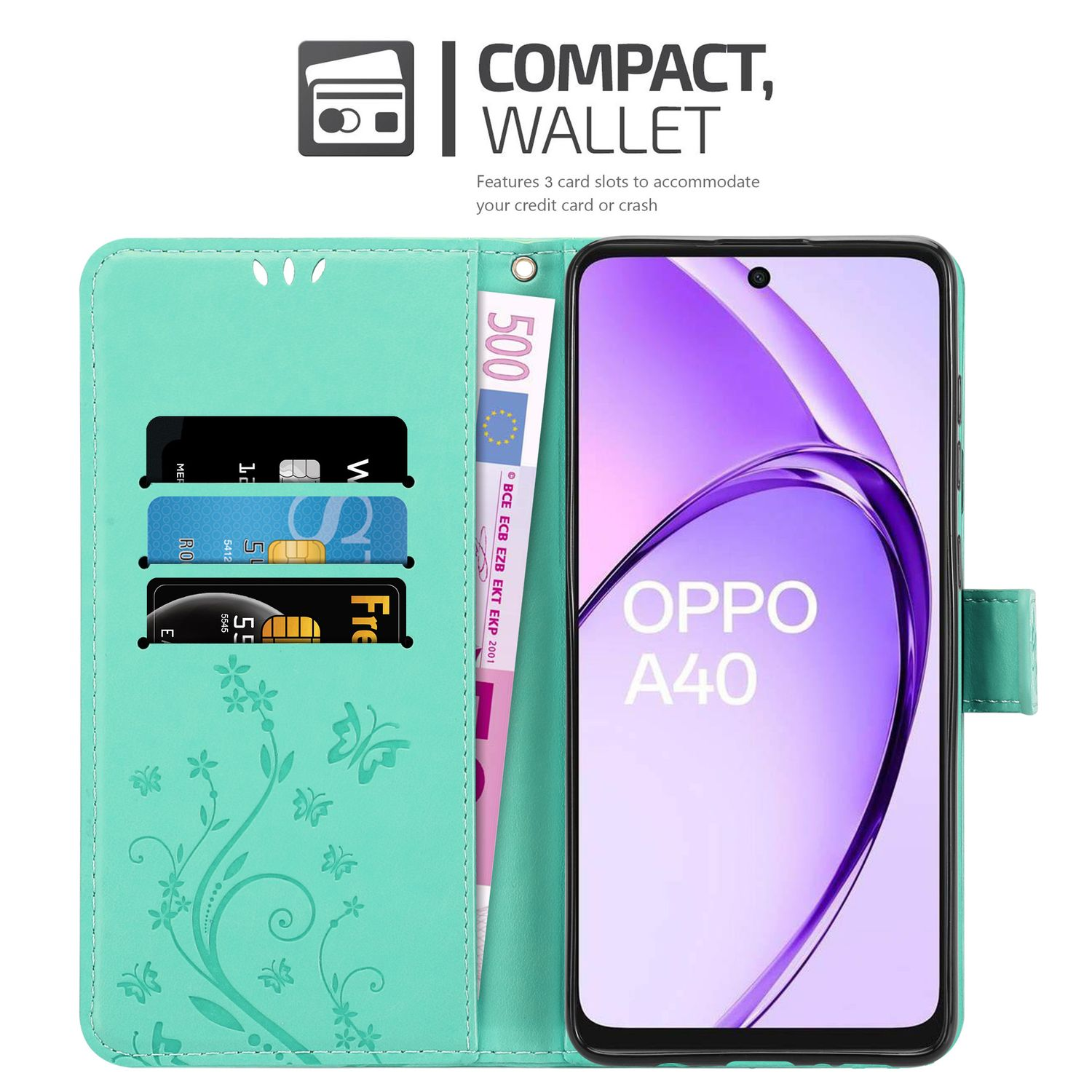 Geöffnete Handyhülle, die ein Telefon hält, mit Karten und Geld. Text: Kompaktes Portemonnaie. Oppo A40.