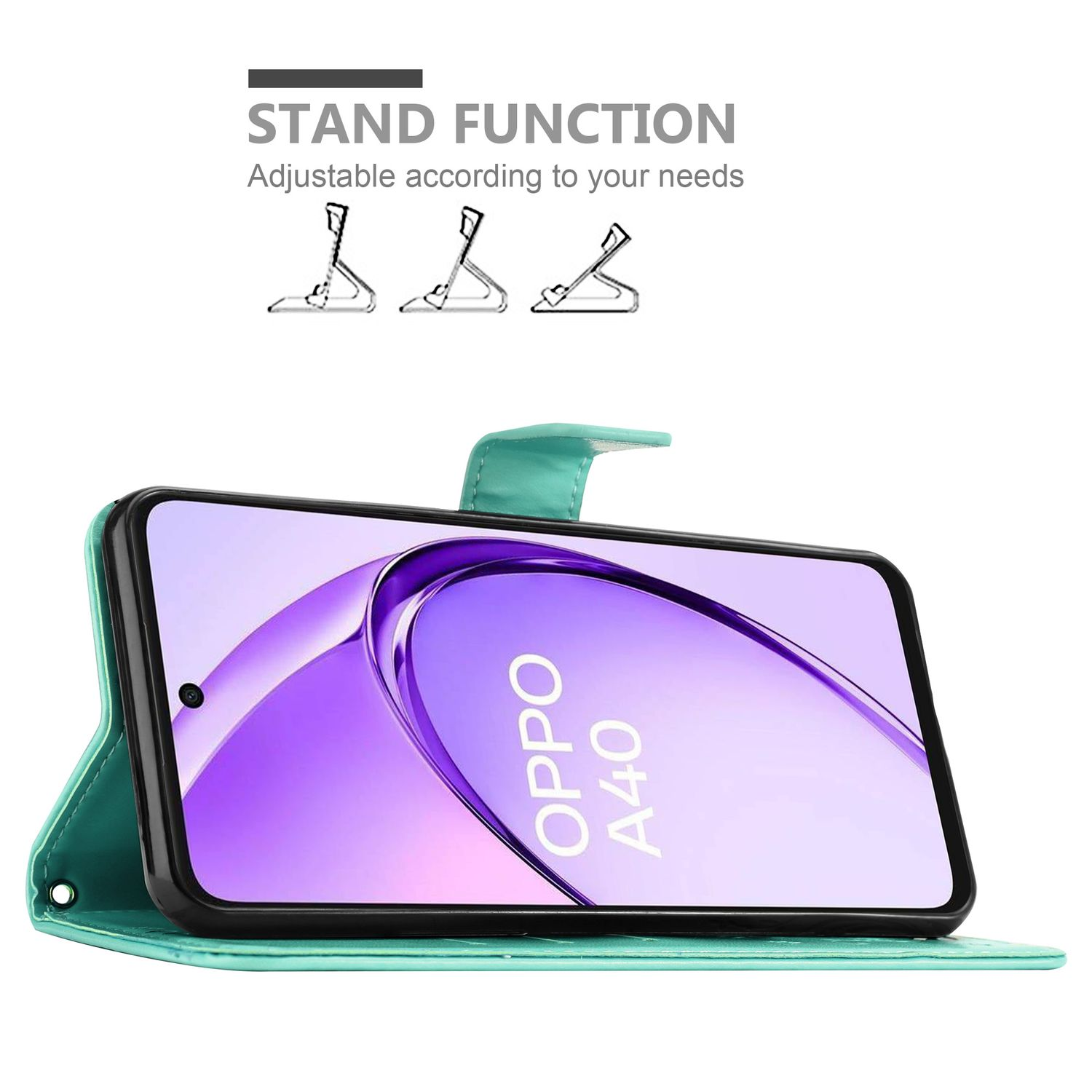 Türkisfarbene Handyhülle mit Telefonbildschirm. Text: 'OPPO A40'.