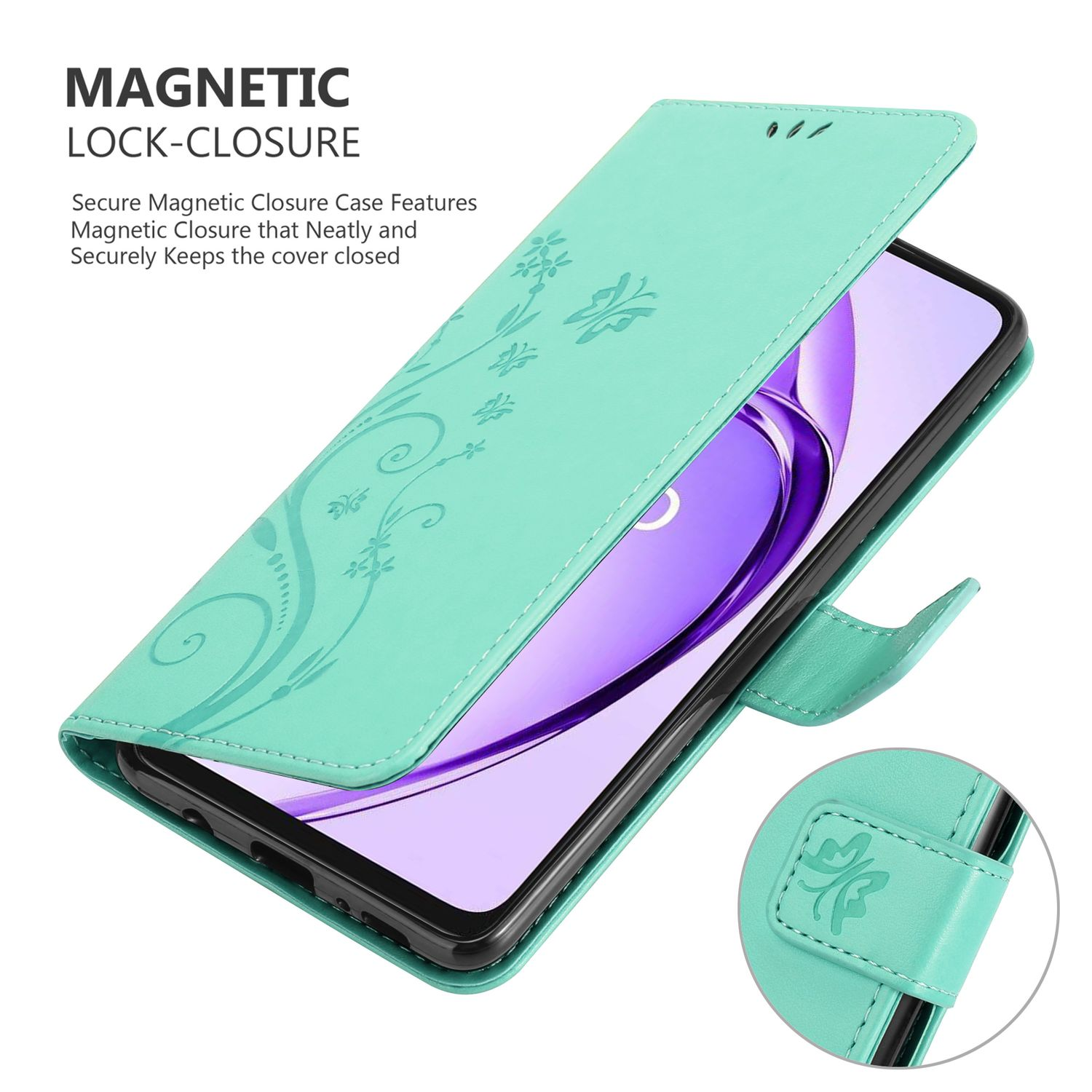Grüne Handyhülle mit floralem Design, geöffnet, um ein Telefon zu zeigen. Magnetverschluss sichtbar.