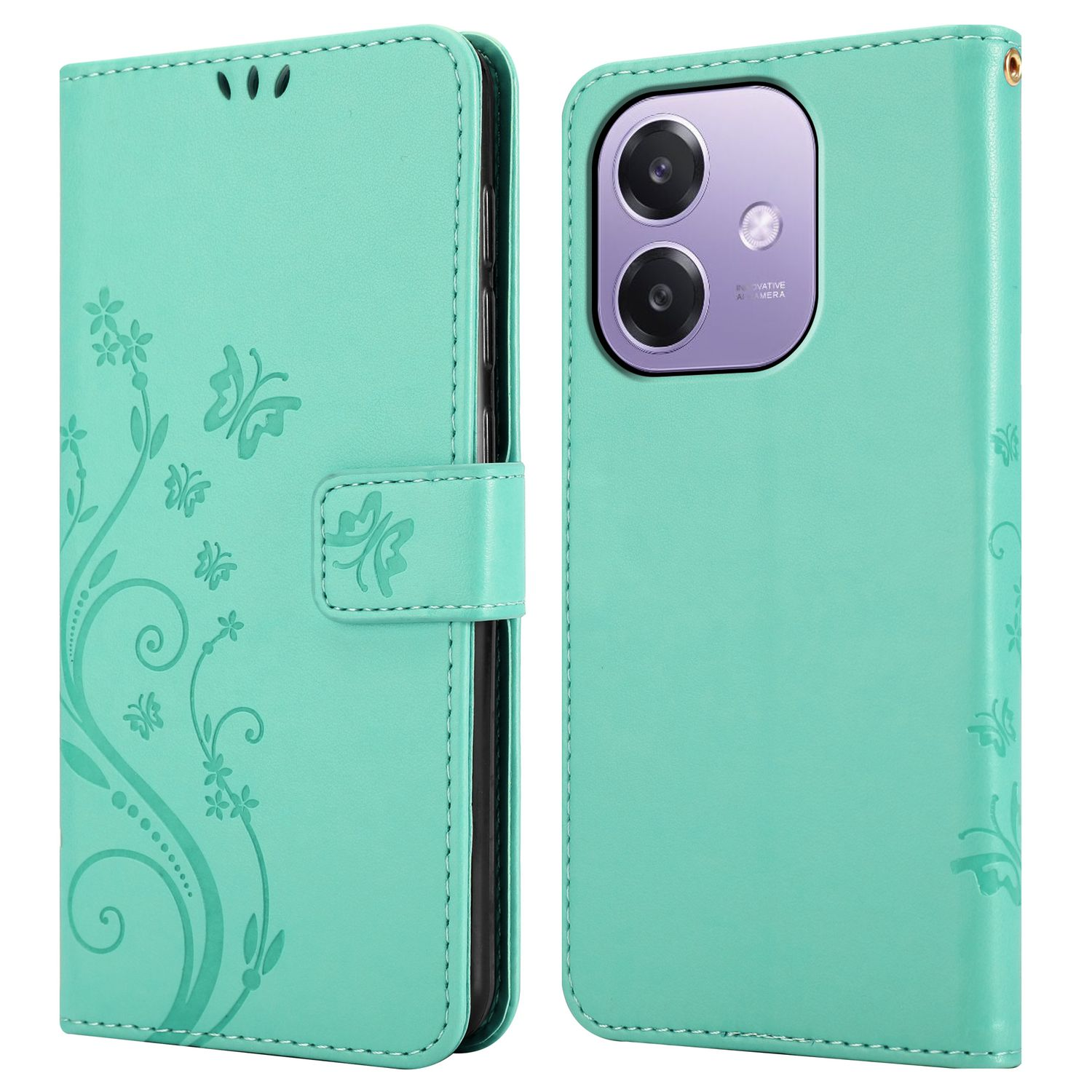 Türkisfarbene Handyhülle, geschlossen und offen, mit einem Telefon darin, Blumen- und Schmetterlingsdesign.