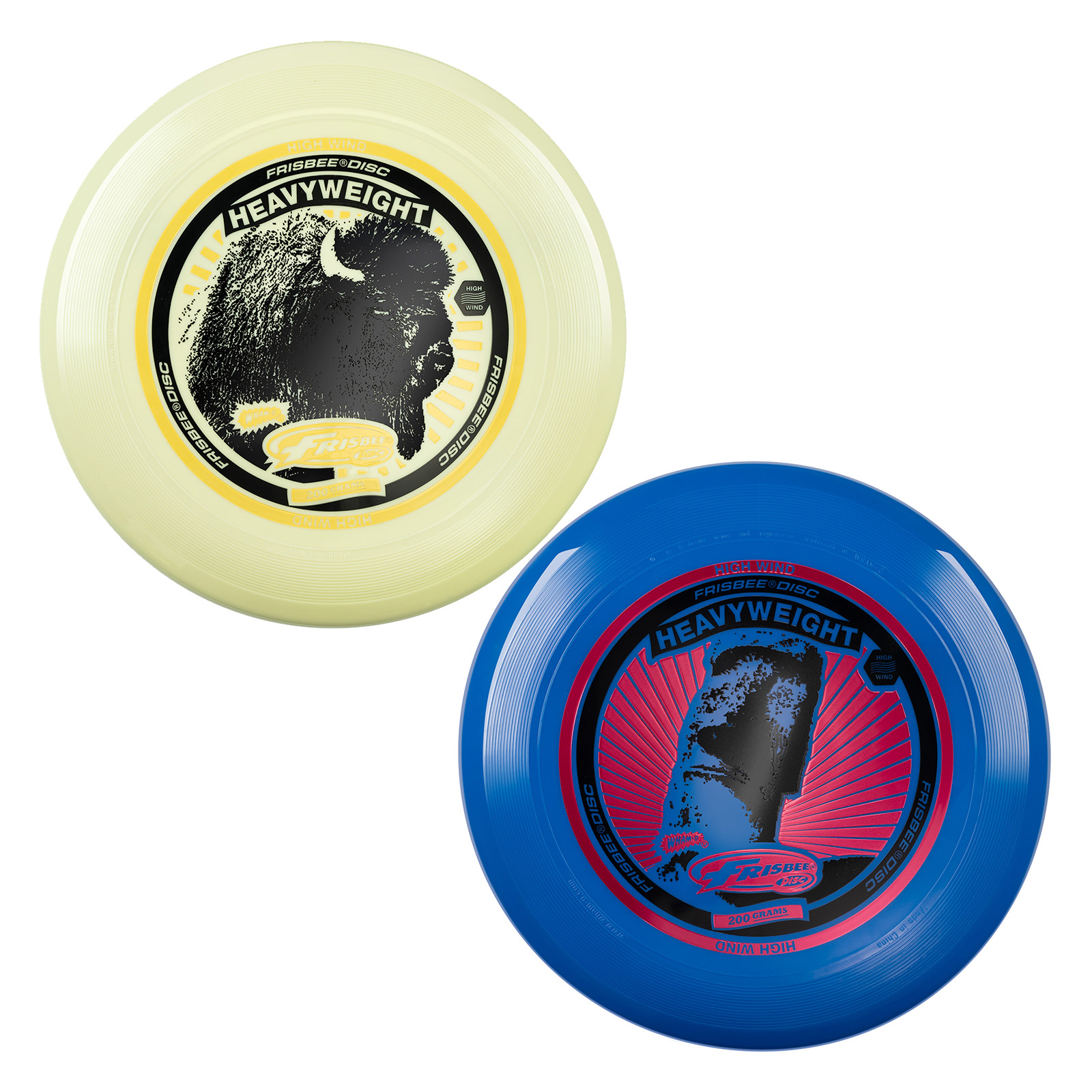 Due frisbee, uno giallo e uno blu, entrambi con grafica.