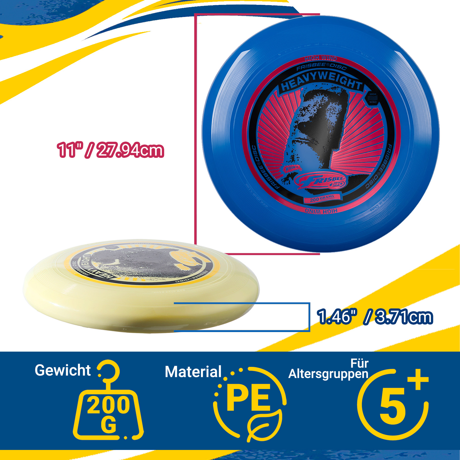 Zwei Frisbees, blau und gelb, mit Maßen. Der blaue hat ein Männergesicht darauf.