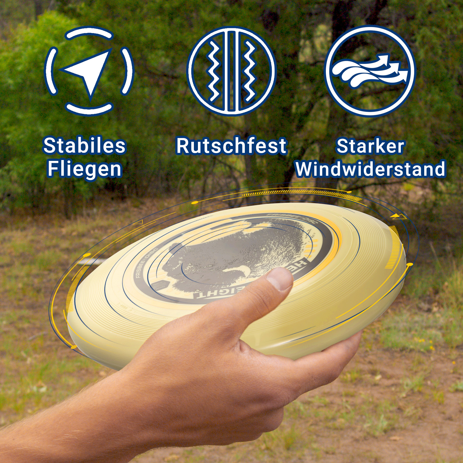 Gelbe Frisbee, gehalten von einer Hand, mit Symbolen und Text.