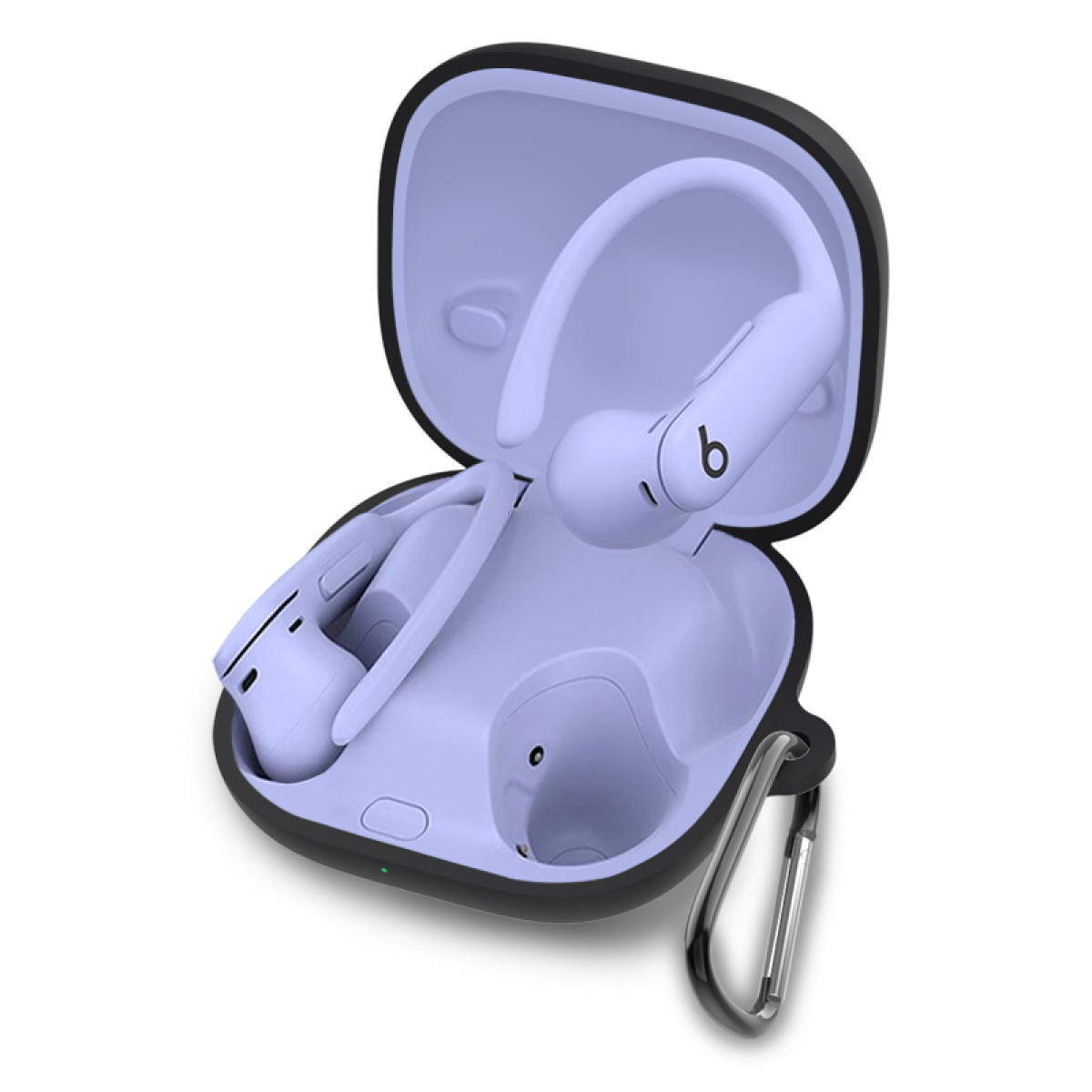Lila Ohrhörer und Etui, schwarzes Etui mit Karabiner.