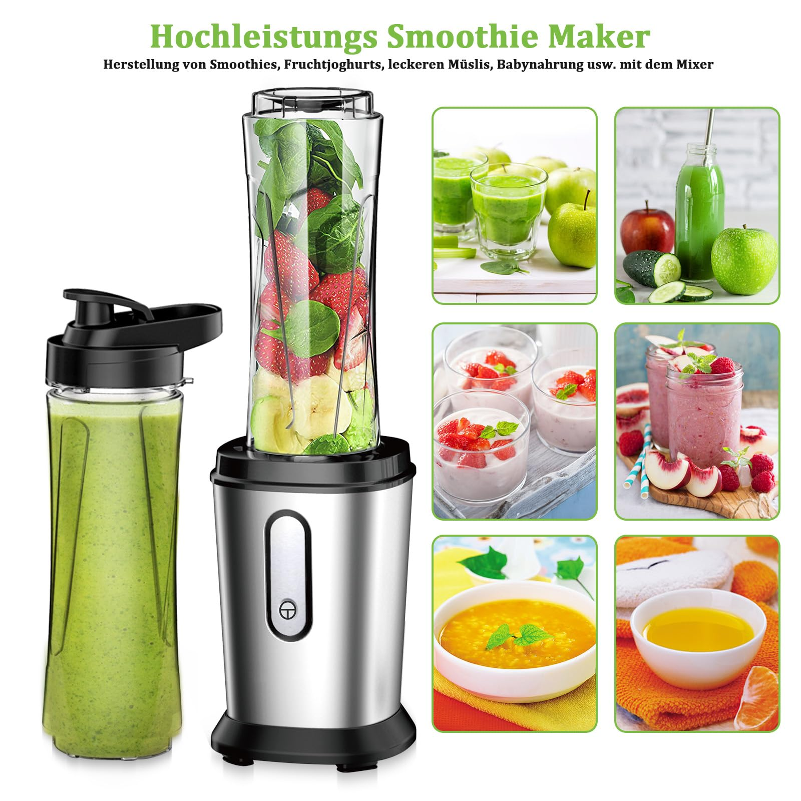 Ein Mixer mit Obst und Gemüse. Außerdem gibt es Bilder von Smoothies und Zutaten.