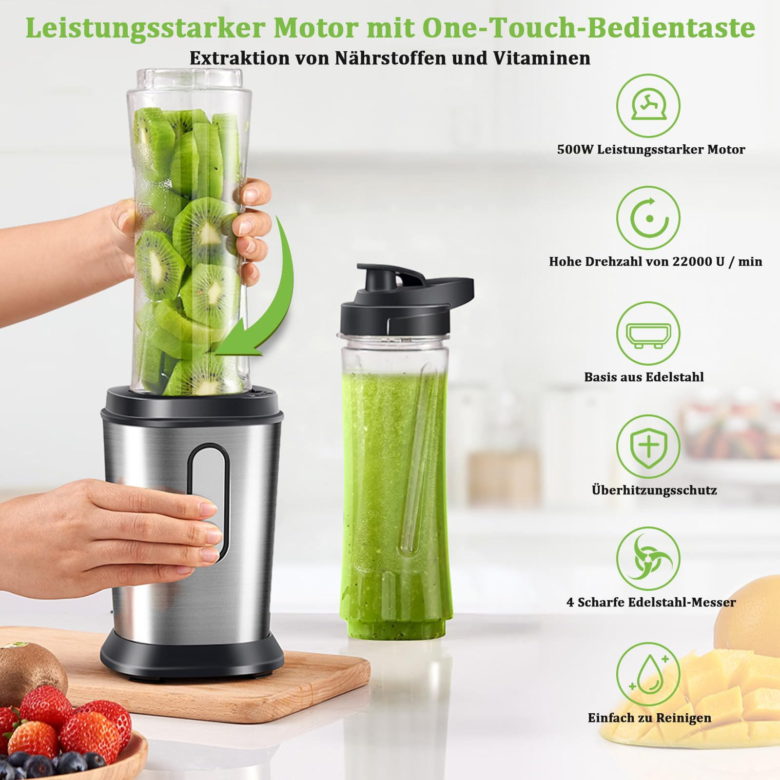 Silberner Mixer mit einem Behälter mit Kiwi. Ein grüner Smoothie und Symbole mit Text werden ebenfalls angezeigt.