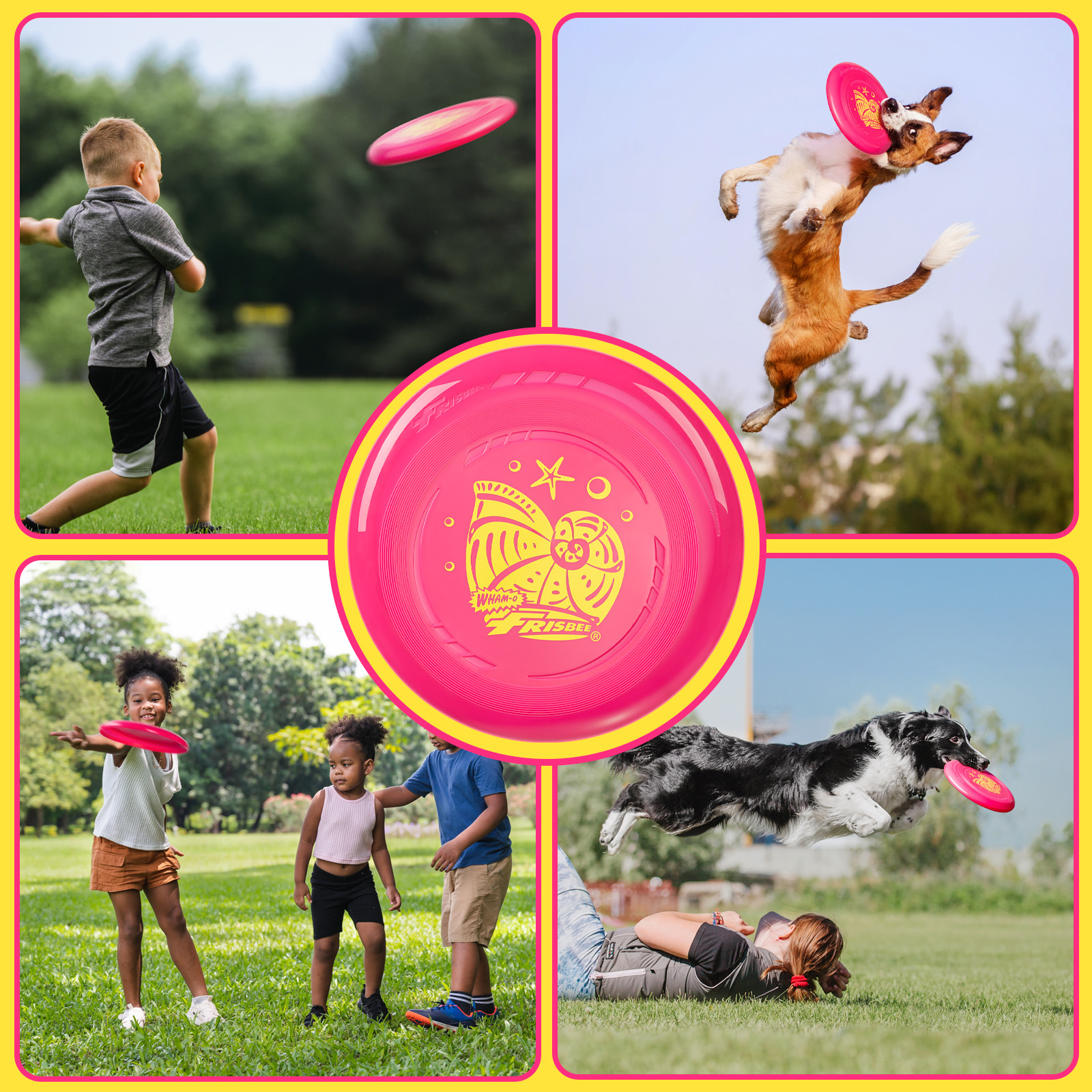 Collage von Menschen, die mit Frisbees spielen. Kinder, ein Hund und eine Frau werden in verschiedenen Szenen gezeigt.