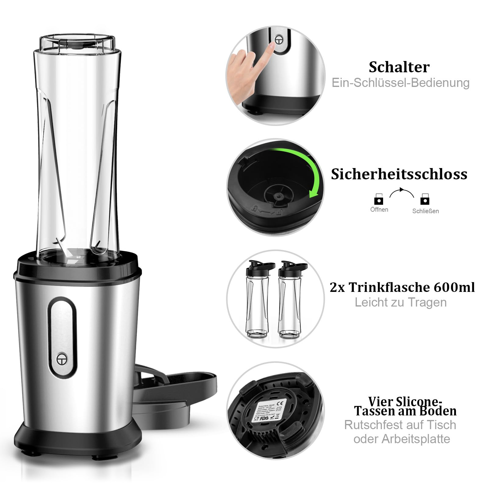Ein silberner und schwarzer Mixer mit Details zu seinen Funktionen: Schalter, Sicherheitsverschluss, Flasche und Basis.